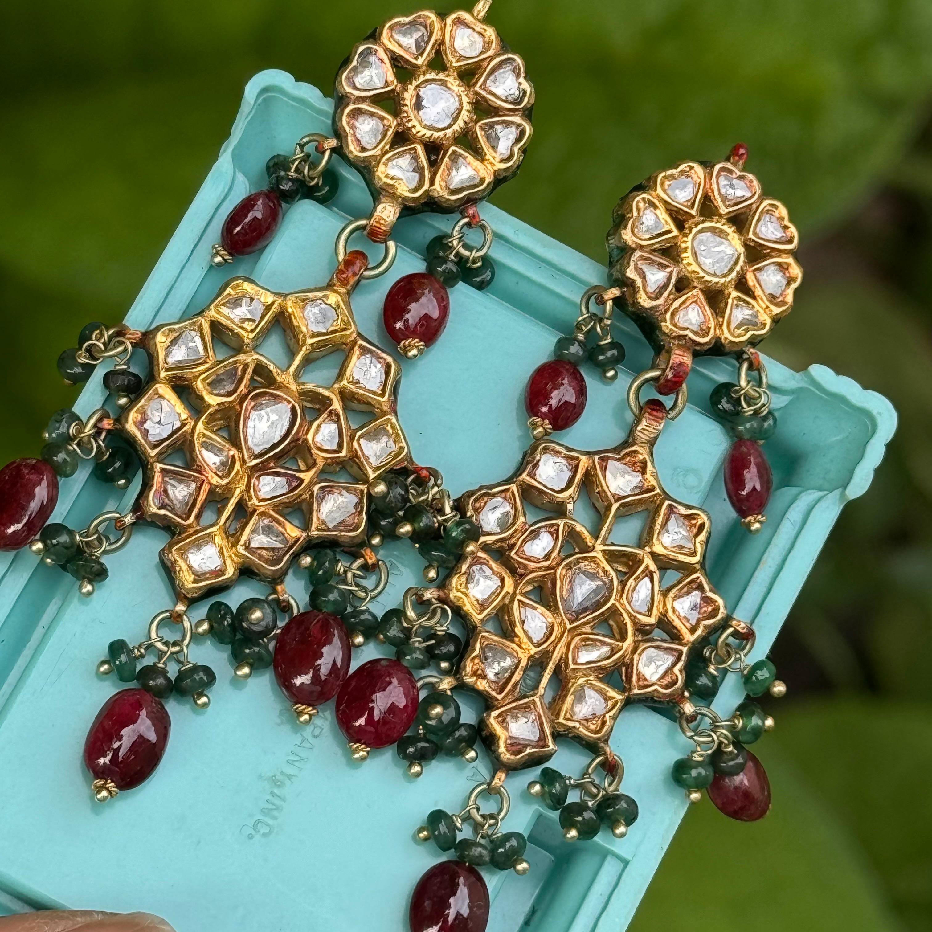 Bead Mughal 20kt Gold Diamond Emerald Rubies Enamel Earrings For Sale
