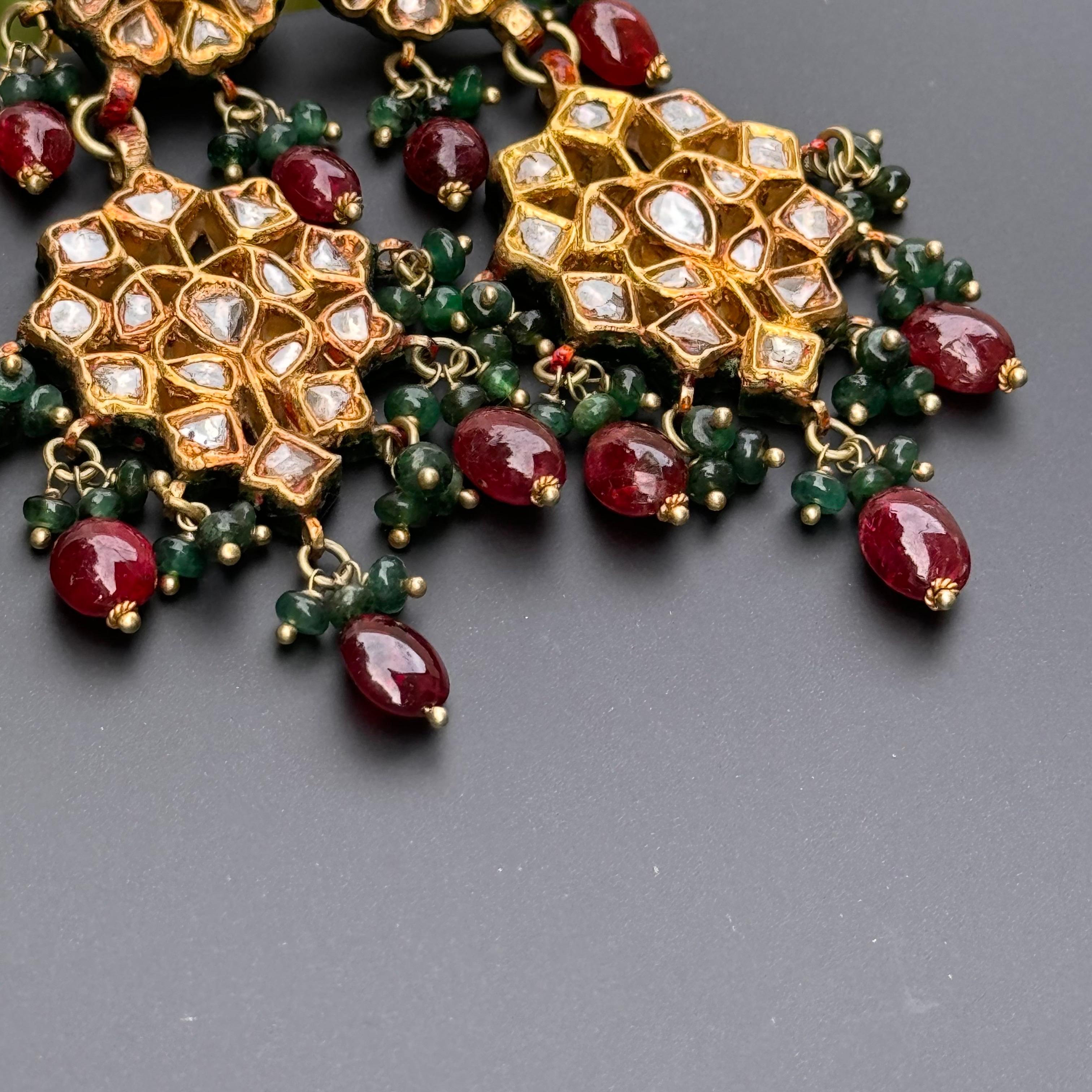 Mughal 20kt Gold Diamond Emerald Rubies Enamel Earrings For Sale 1