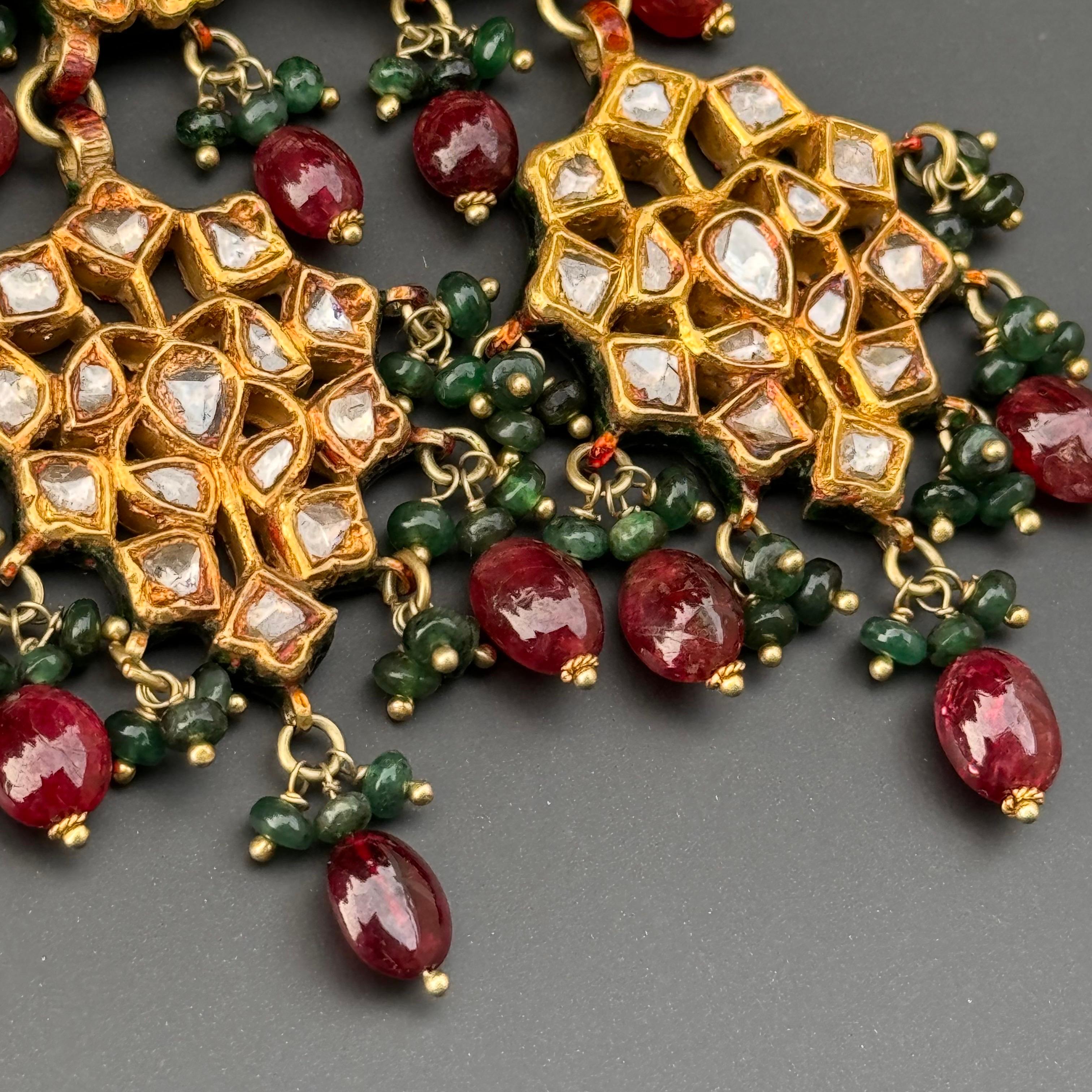 Mughal 20kt Gold Diamond Emerald Rubies Enamel Earrings For Sale 2