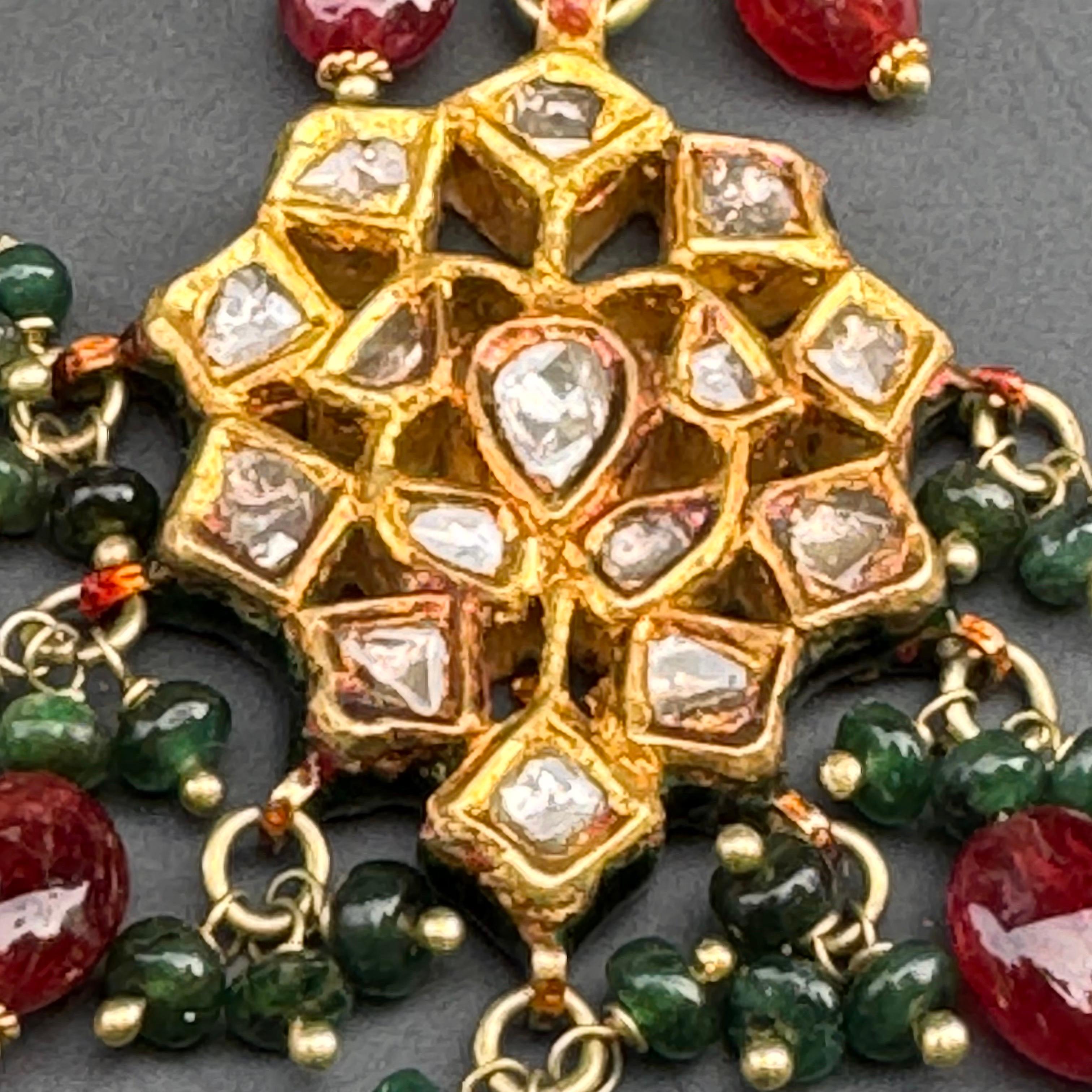 Mughal 20kt Gold Diamond Emerald Rubies Enamel Earrings For Sale 3