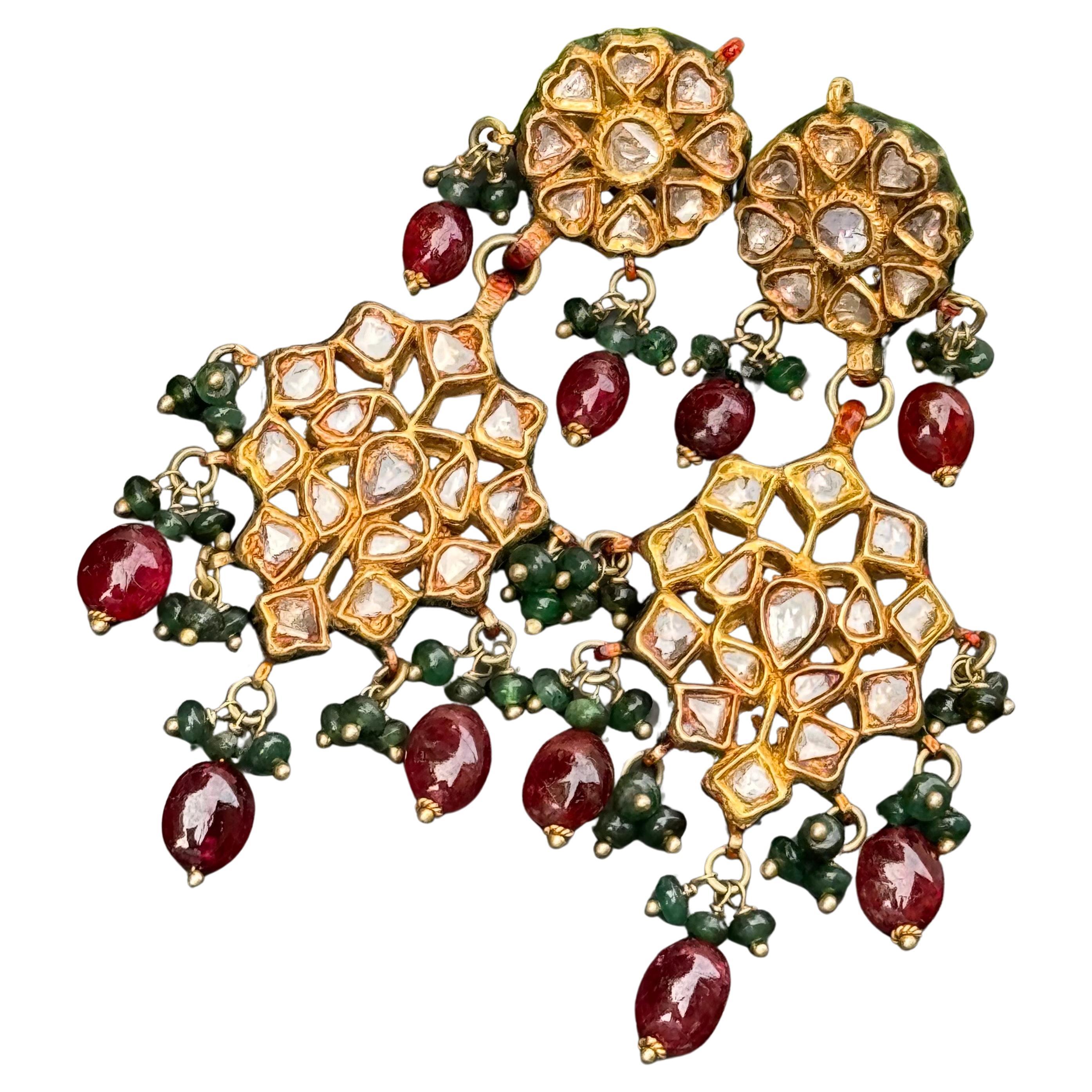 Mughal 20kt Gold Diamond Emerald Rubies Enamel Earrings For Sale
