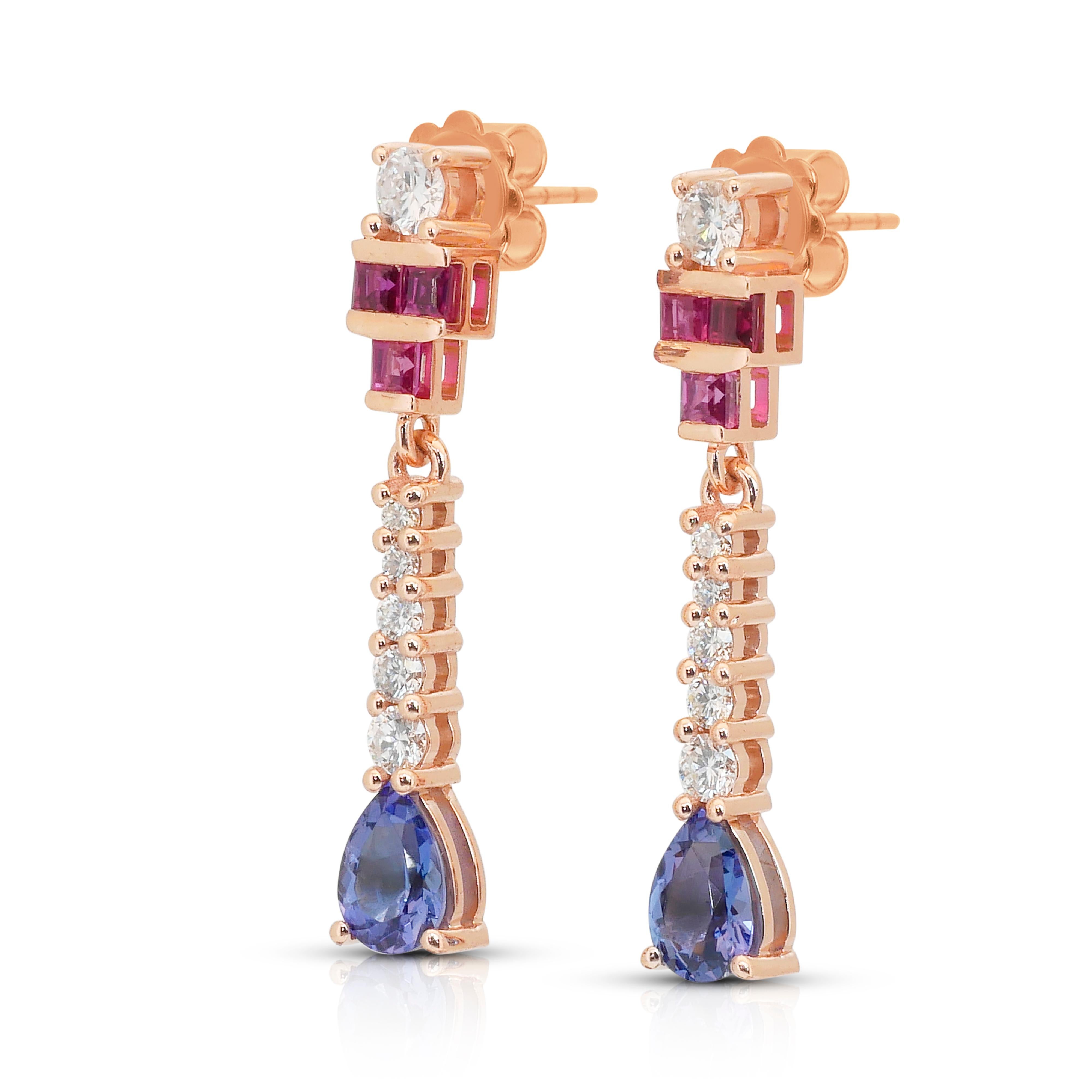 Pear Cut Exquisite 2.11ct Tanzanites, Rubies, and Diamonds Drop Earrings in 18k Rose Gold For Sale