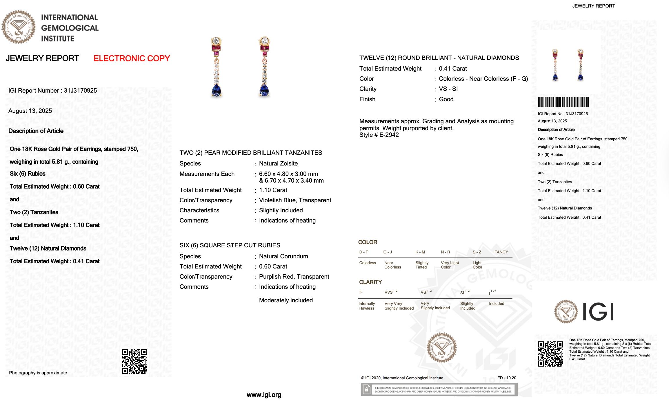 Women's Exquisite 2.11ct Tanzanites, Rubies, and Diamonds Drop Earrings in 18k Rose Gold For Sale