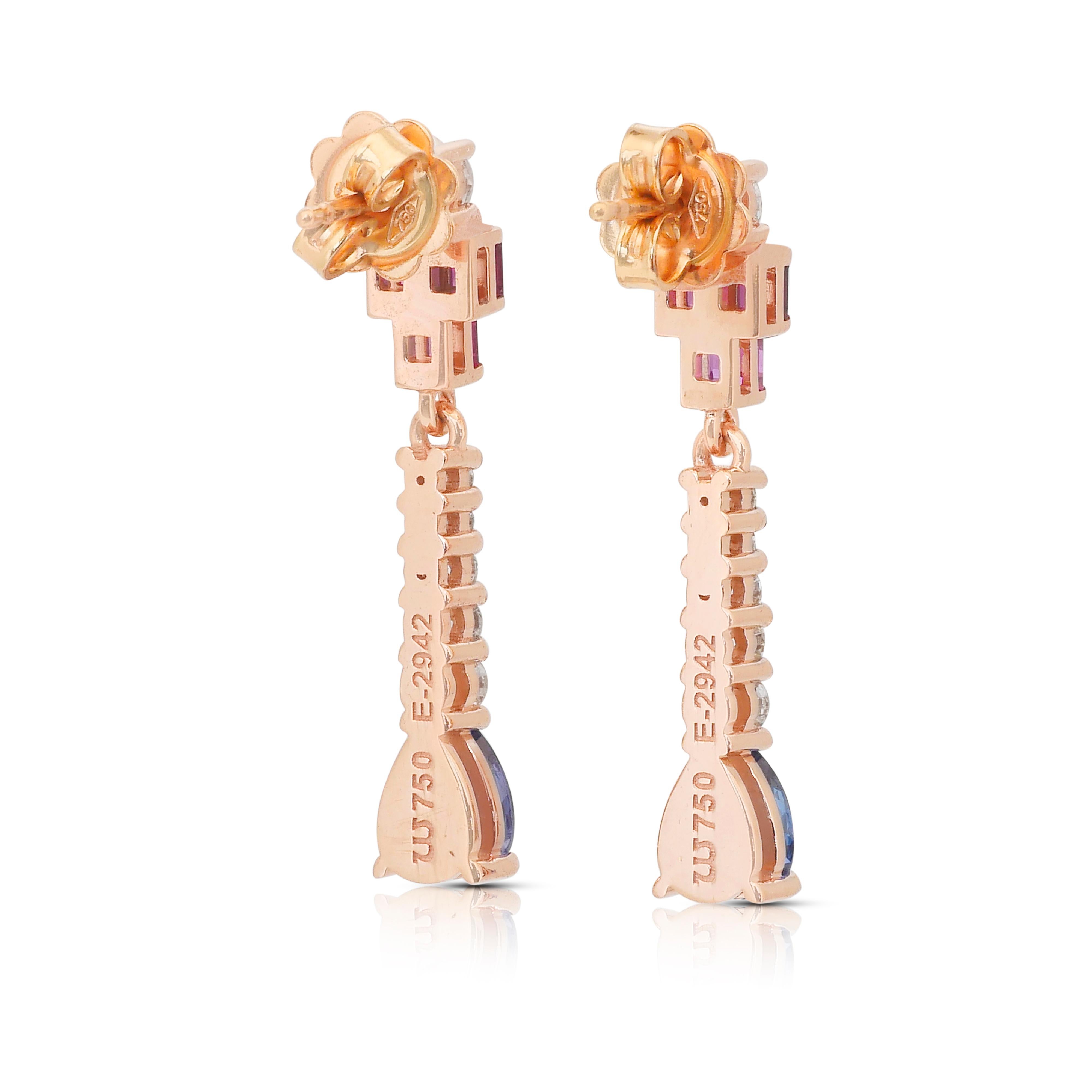 Exquisite 2.11ct Tanzanites, Rubies, and Diamonds Drop Earrings in 18k Rose Gold For Sale 1