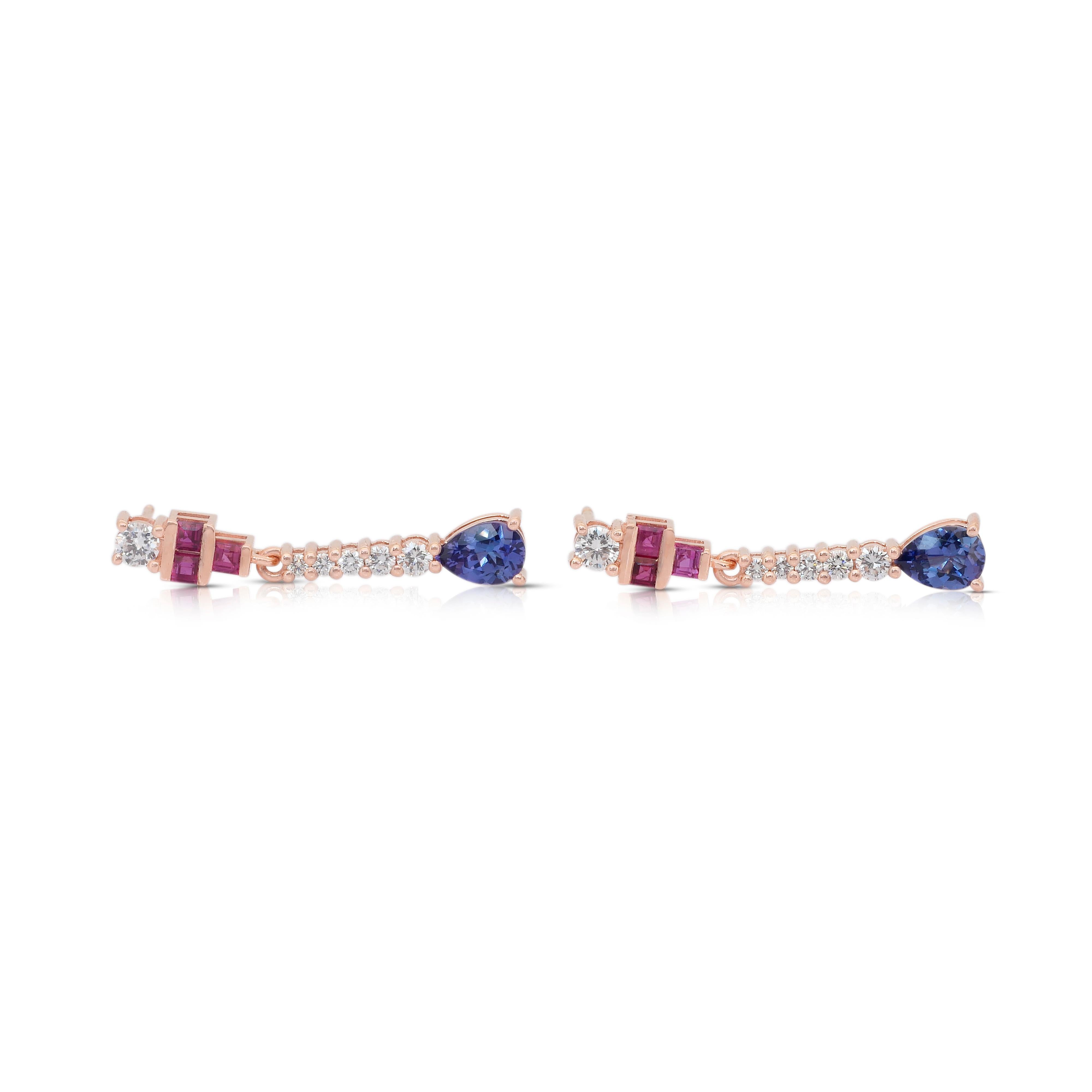Exquisite 2.11ct Tanzanites, Rubies, and Diamonds Drop Earrings in 18k Rose Gold For Sale 2