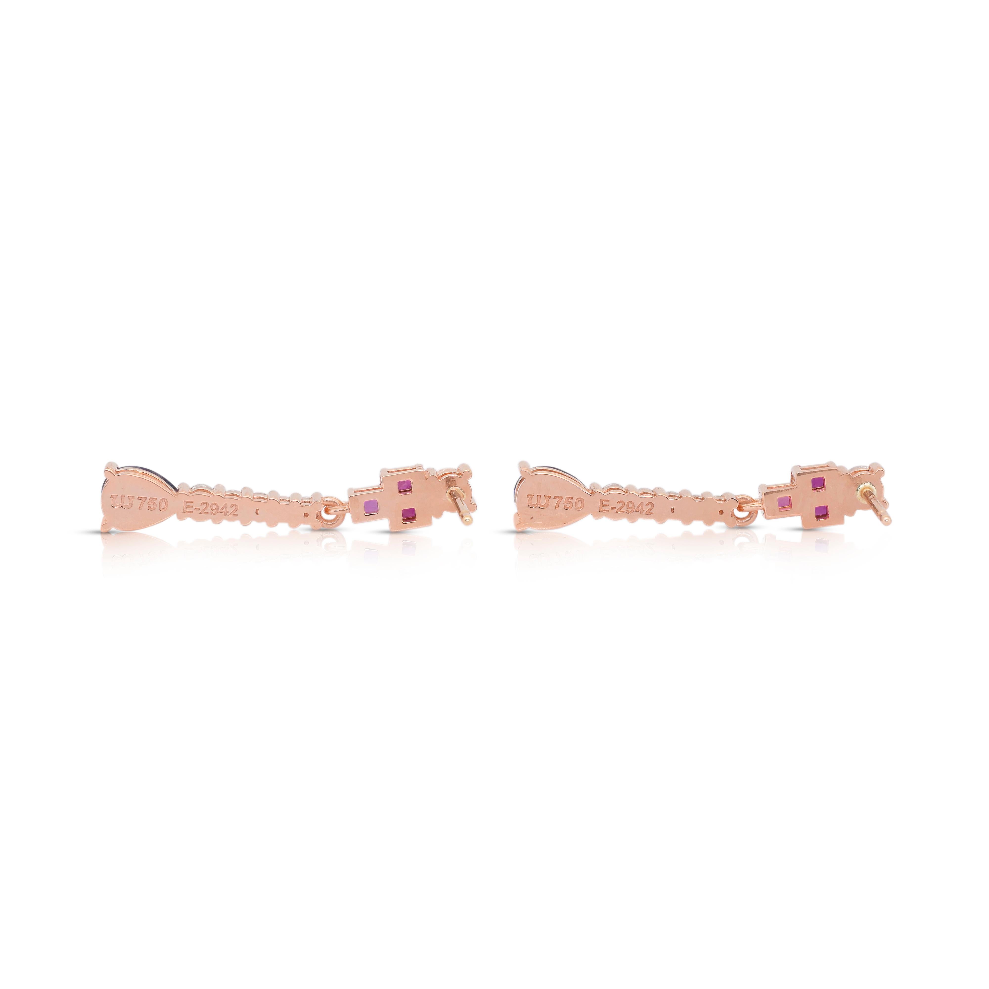 Exquisite 2.11ct Tanzanites, Rubies, and Diamonds Drop Earrings in 18k Rose Gold For Sale 3