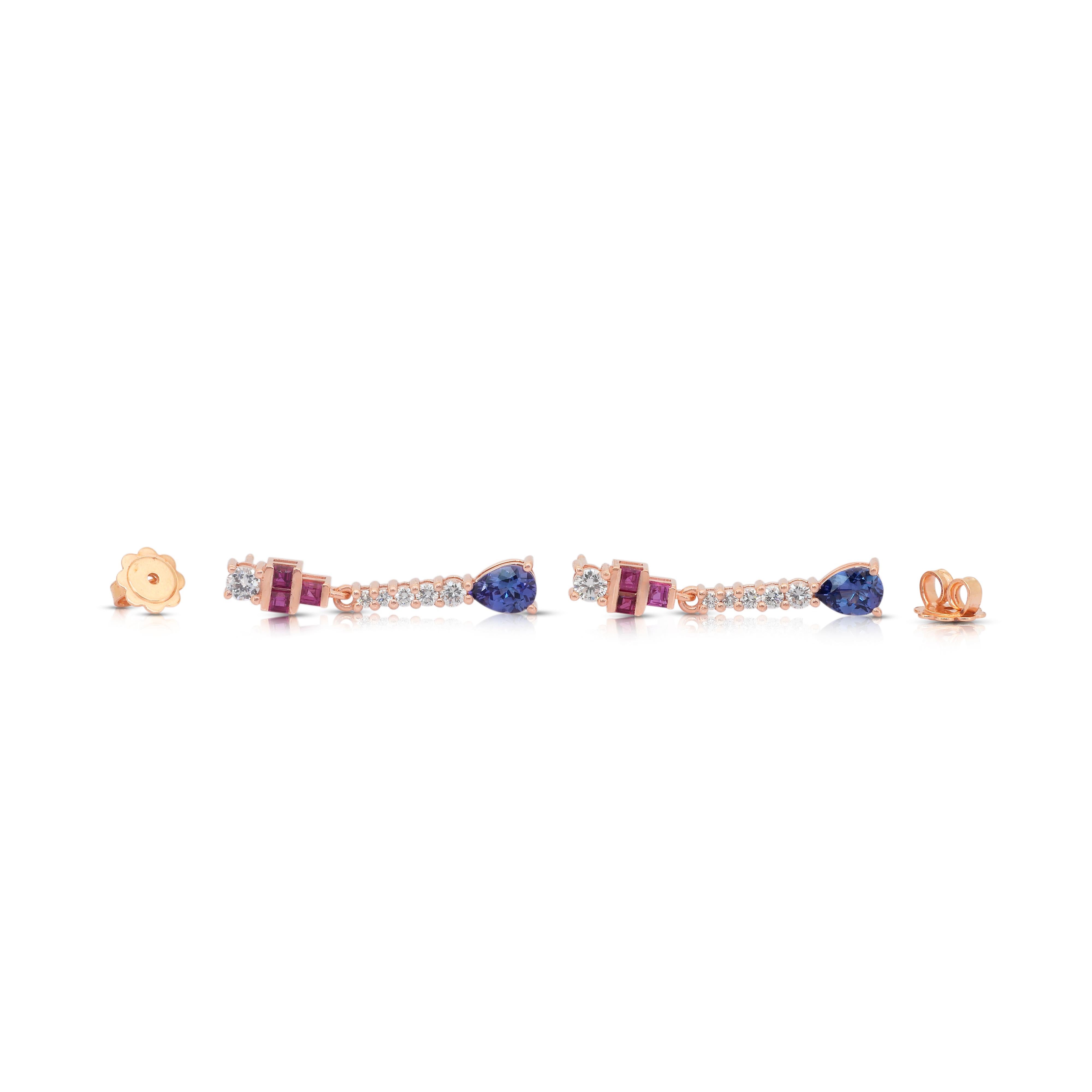 Exquisite 2.11ct Tanzanites, Rubies, and Diamonds Drop Earrings in 18k Rose Gold For Sale 4