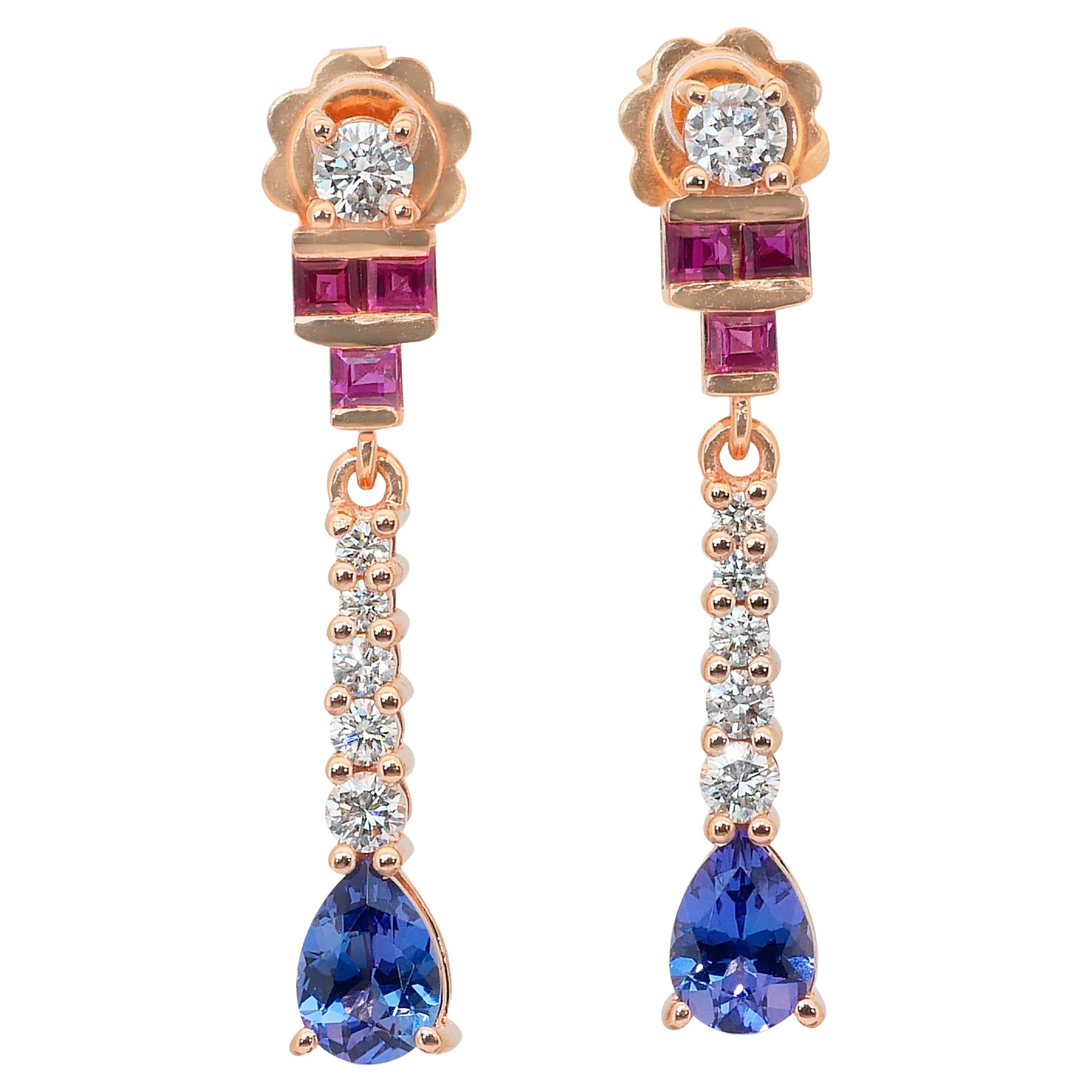 Exquisite 2.11ct Tanzanites, Rubies, and Diamonds Drop Earrings in 18k Rose Gold