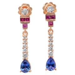 Exquisite 2.11ct Tanzanites, Rubies, and Diamonds Drop Earrings in 18k Rose Gold