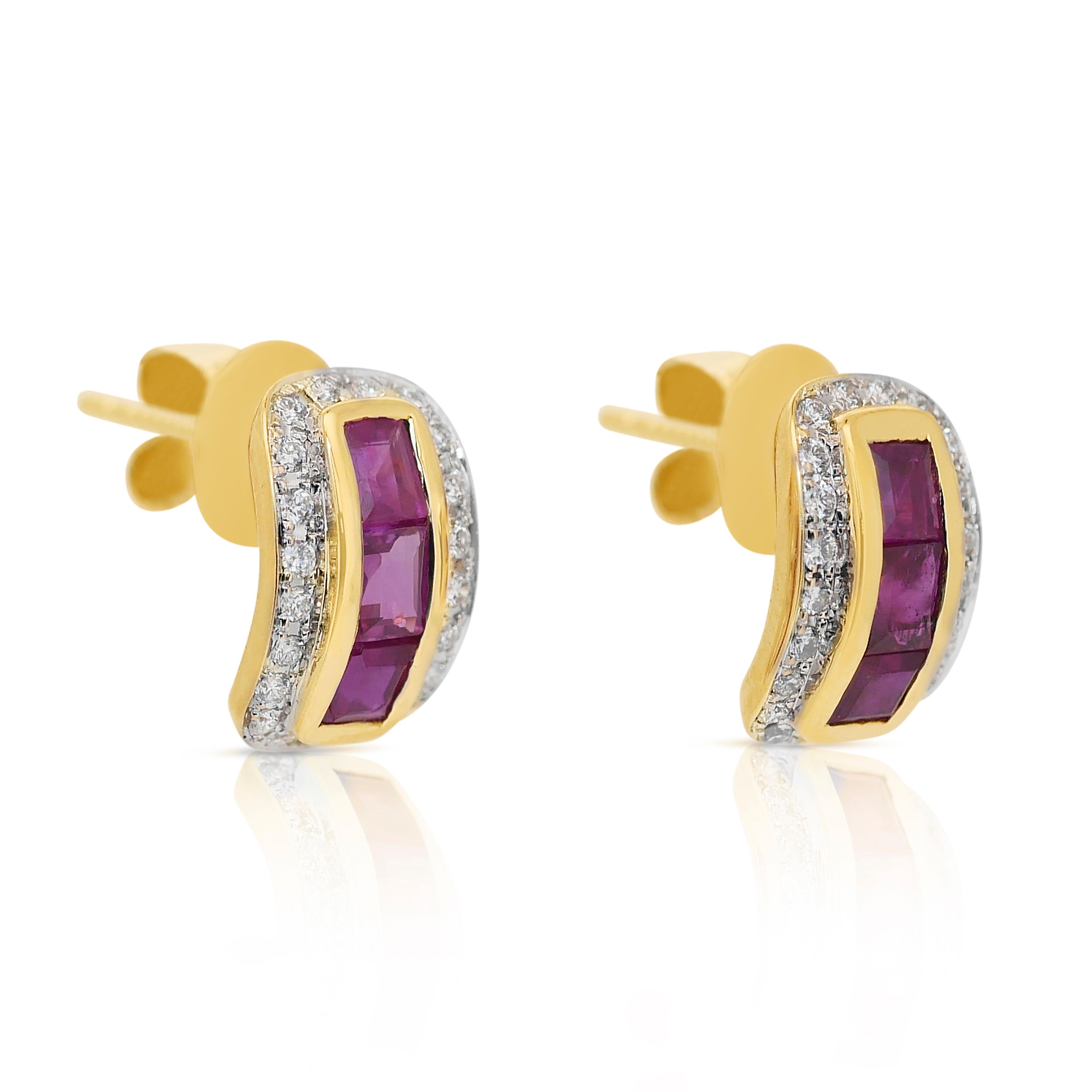 Baguette Cut Exquisite 2.17ct Rubies and Diamonds Earrings in 18k Yellow Gold - IGI Certified