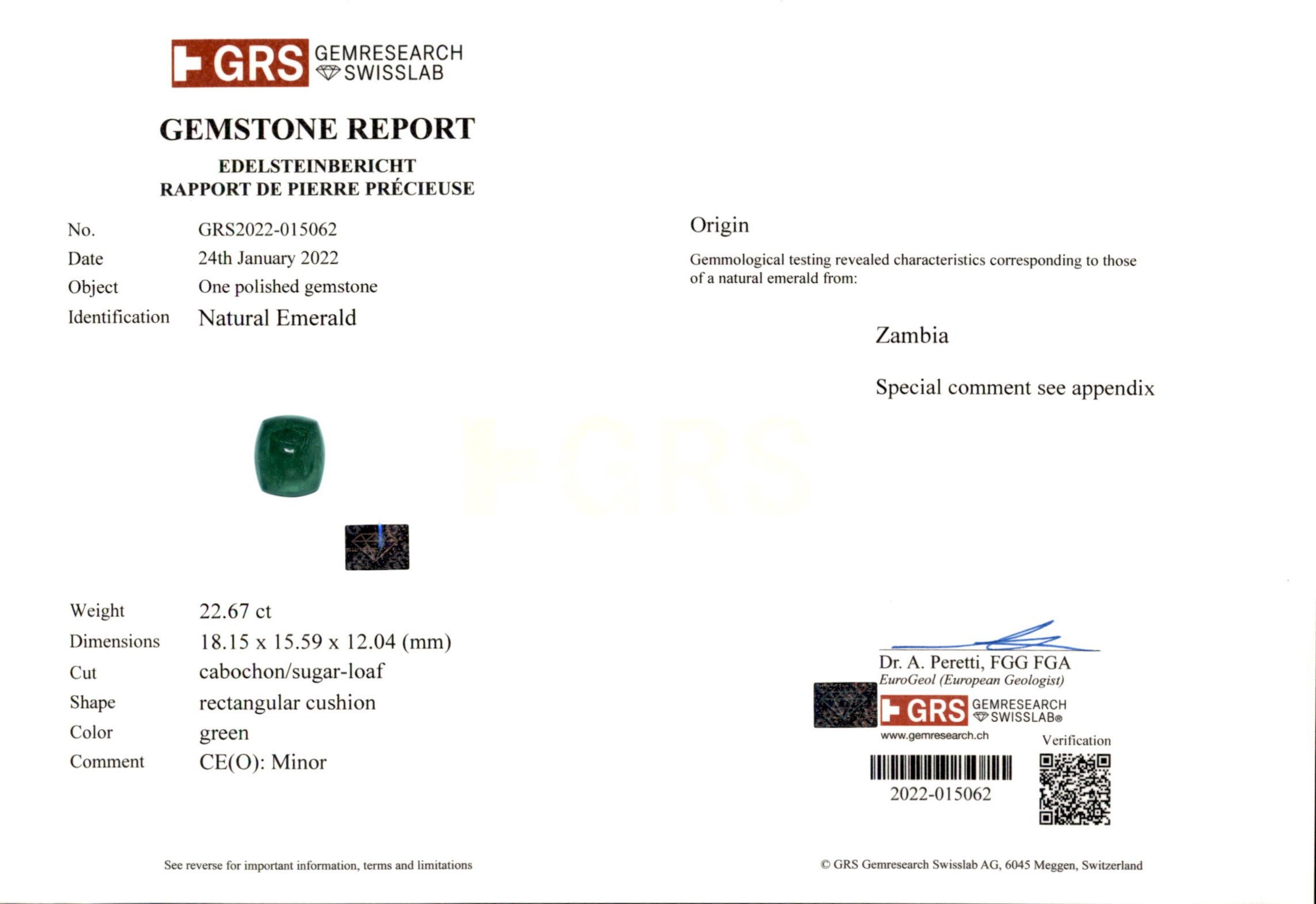 Exquisite 22-Carat GRS-Certified Minor Oil Emerald & Diamond Ring

A breathtaking masterpiece featuring a 22-carat Colombian emerald, certified by GRS as Minor Oil, radiating unparalleled vibrancy and depth. This exceptional gemstone is elegantly