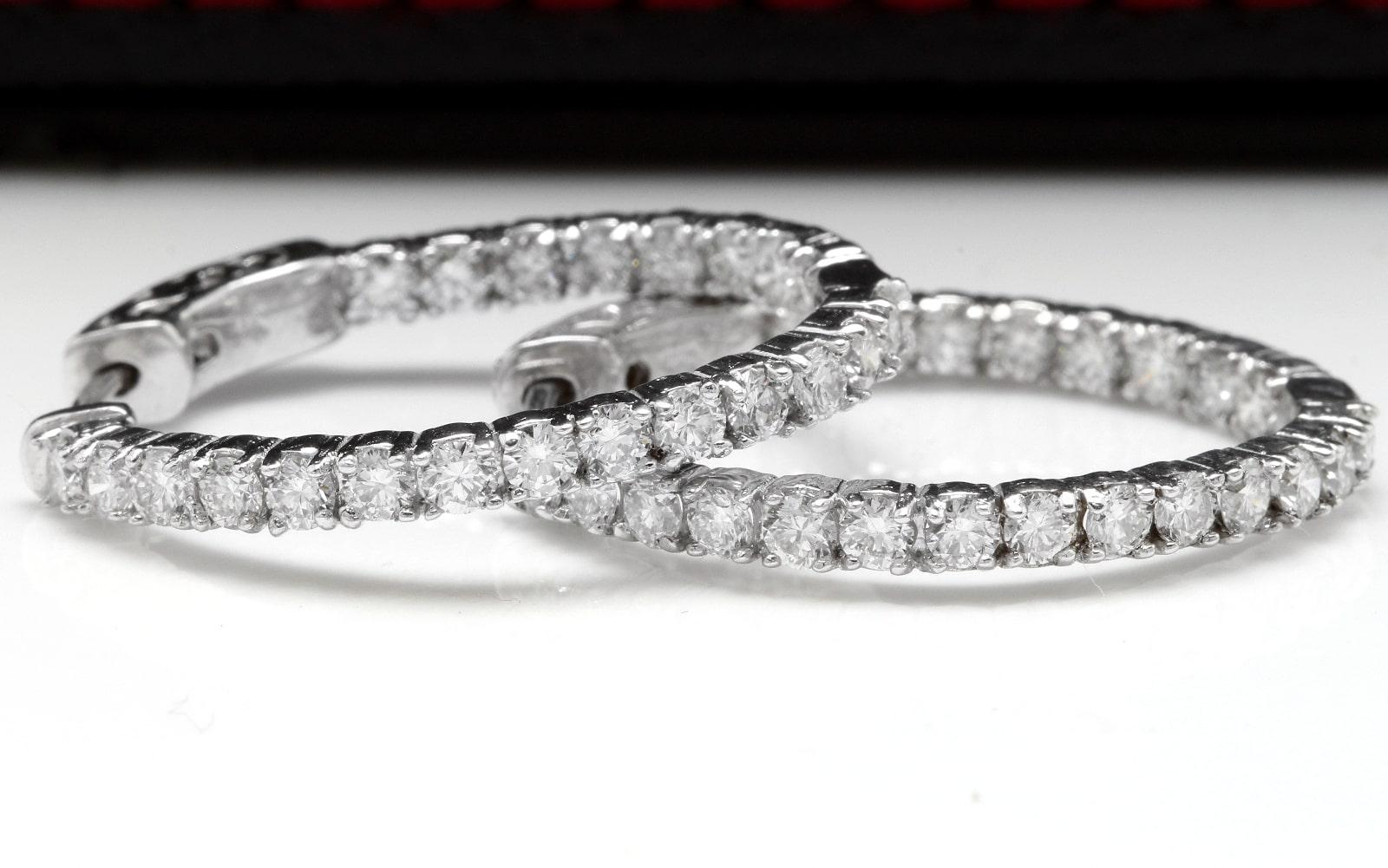 Round Cut Exquisite 2.25 Carat Natural Diamond 14 Karat Solid White Gold Hoop Earrings For Sale