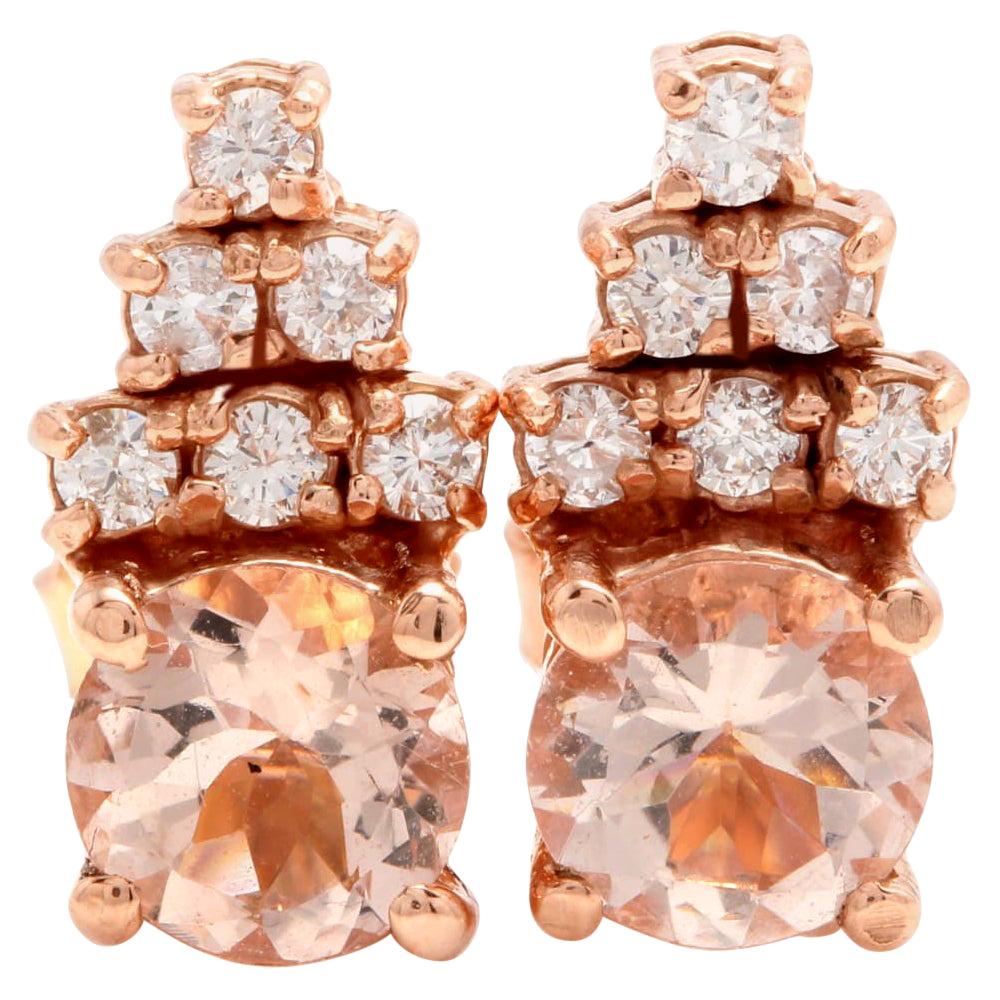 Exquisite 2.30 Carat Natural Morganite and Diamond 14 Karat Solid Gold Stud Ear For Sale
