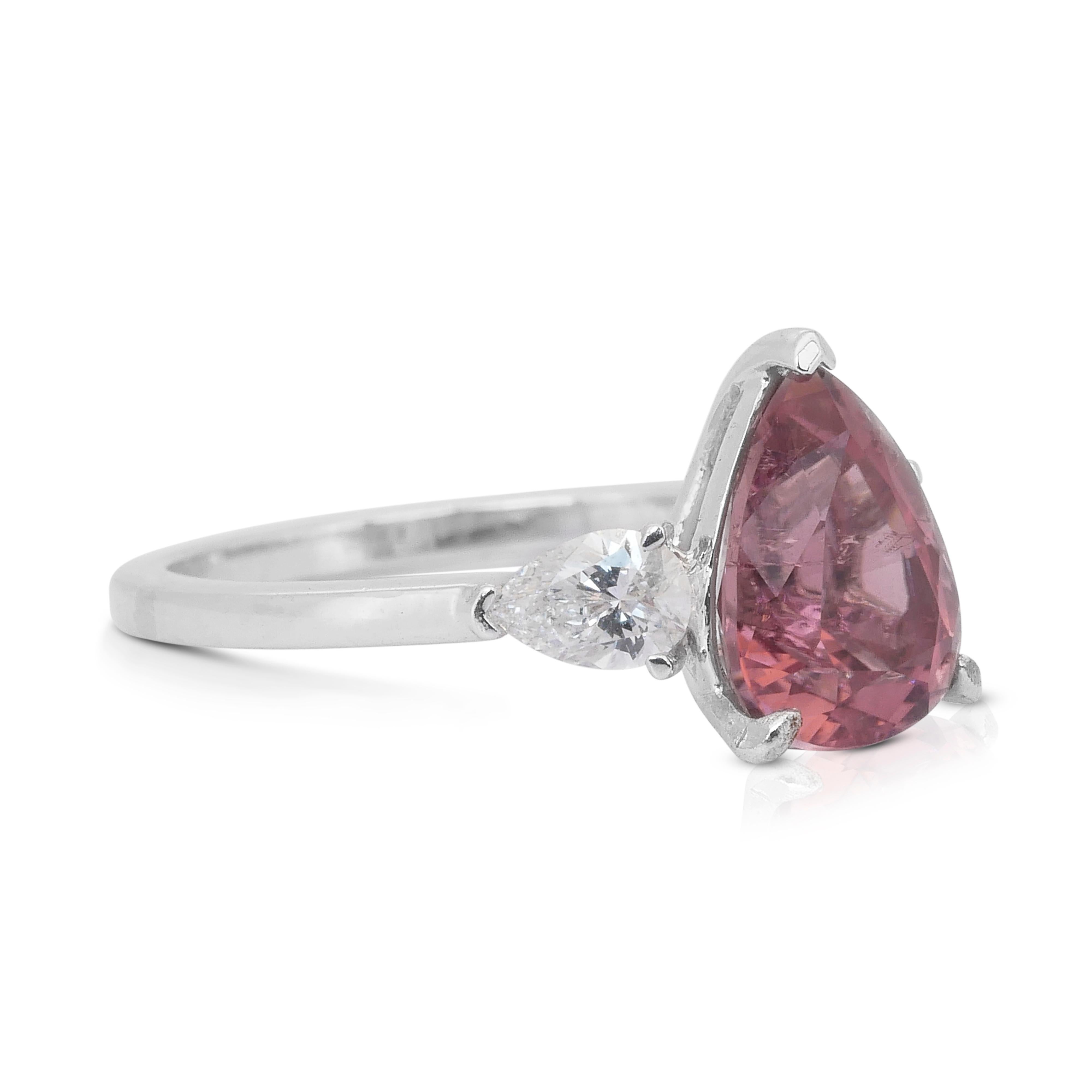 Pear Cut Exquisite 2.56ct Rubellite and Diamonds 3-Stone Ring in Platinum - IGI Certified For Sale