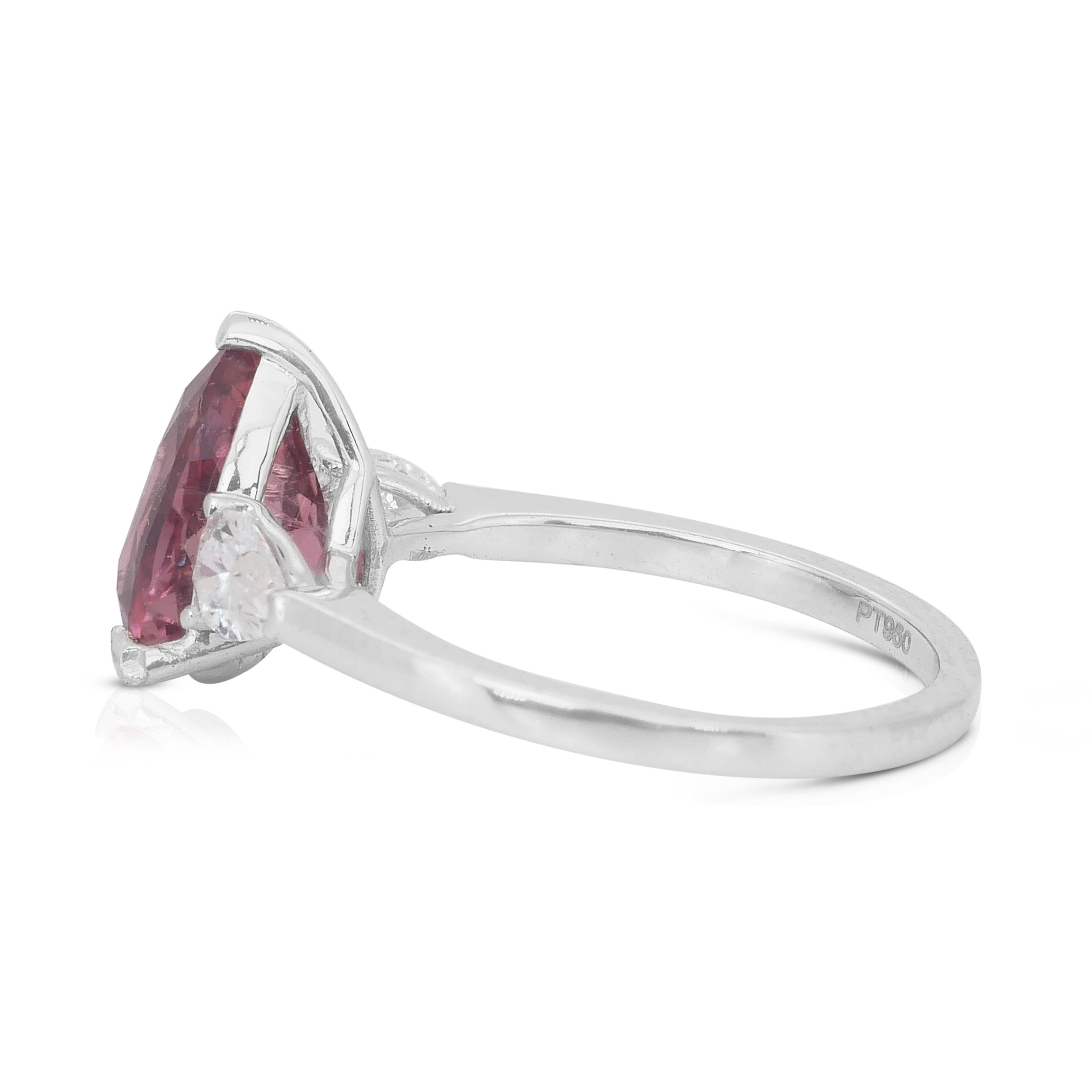 Women's Exquisite 2.56ct Rubellite and Diamonds 3-Stone Ring in Platinum - IGI Certified For Sale
