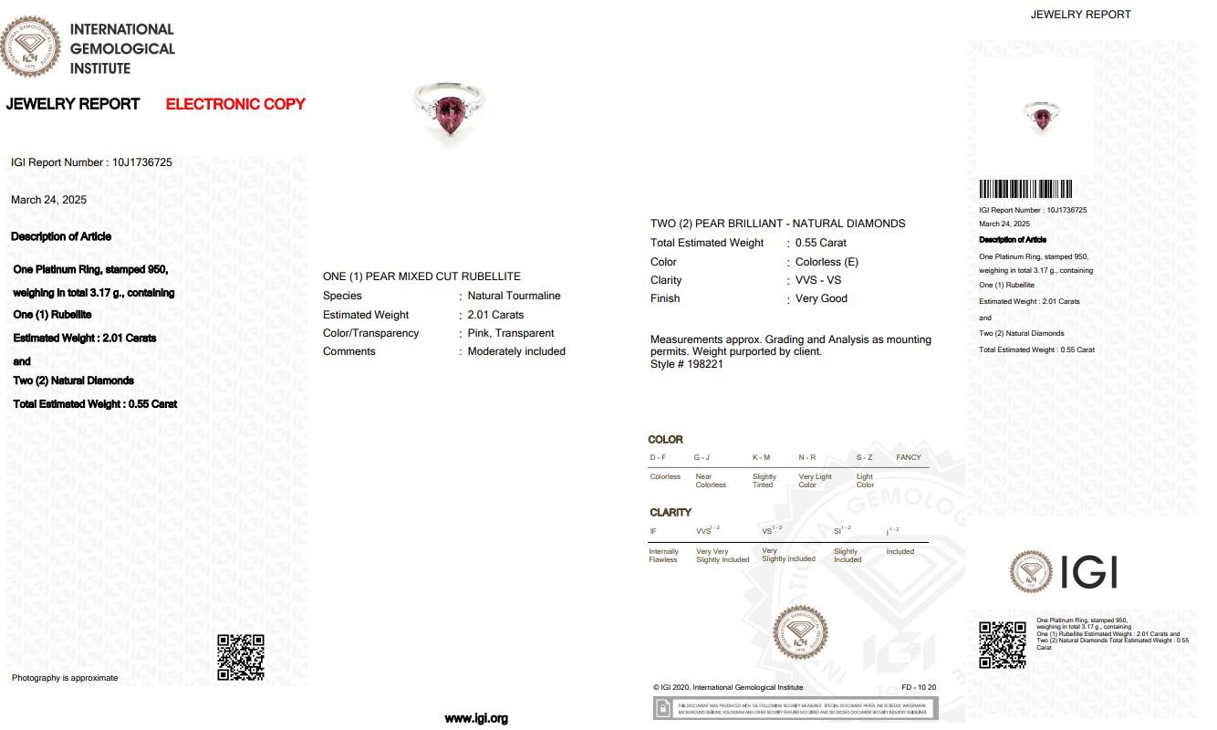 Exquisite 2.56ct Rubellite and Diamonds 3-Stone Ring in Platinum - IGI Certified For Sale 1