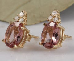Exquisite 2.90 Carat Natural Morganite and Diamond 14k Solid Yellow Gold Stud