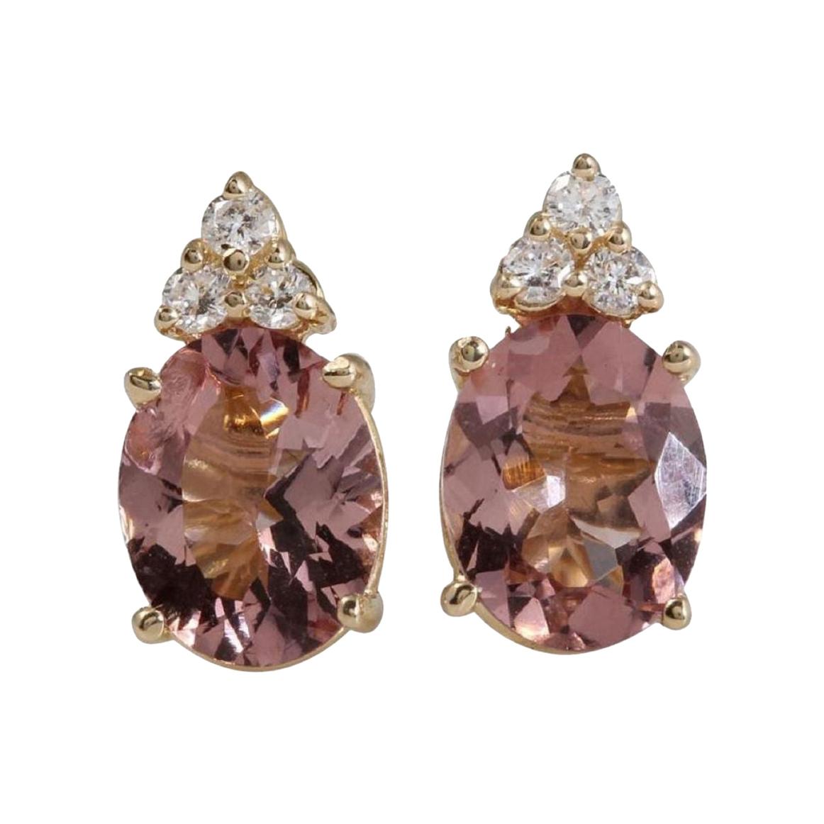 Exquisite 2.90 Carat Natural Morganite and Diamond 14k Solid Yellow Gold Stud For Sale
