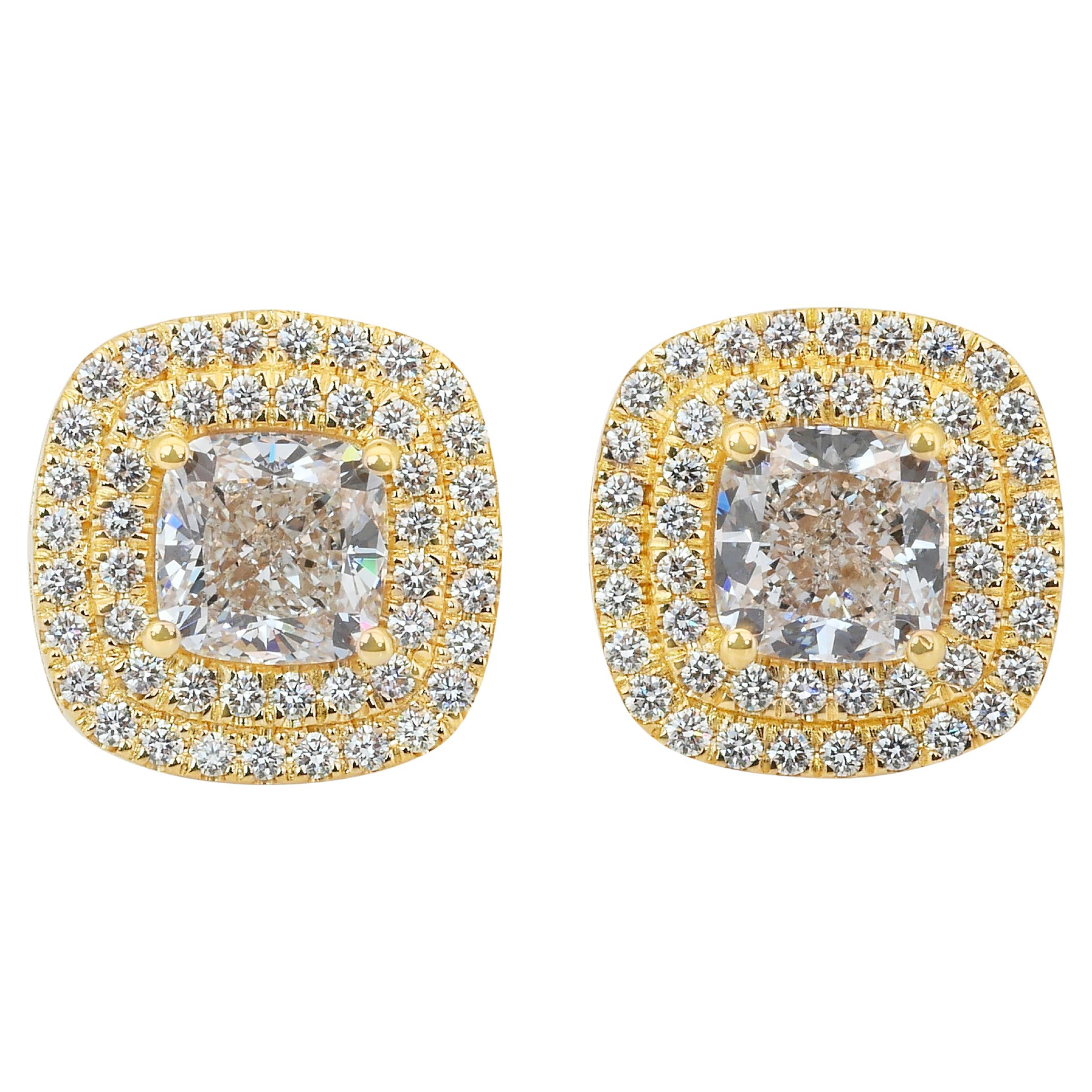 Exquisite 2.97ct Diamonds Double Halo Stud Earrings in 18k Yellow Gold