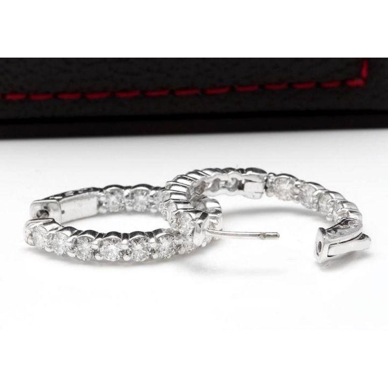 Round Cut Exquisite 3.00 Carat Natural Diamond 14 Karat Solid White Gold Hoop Earrings For Sale