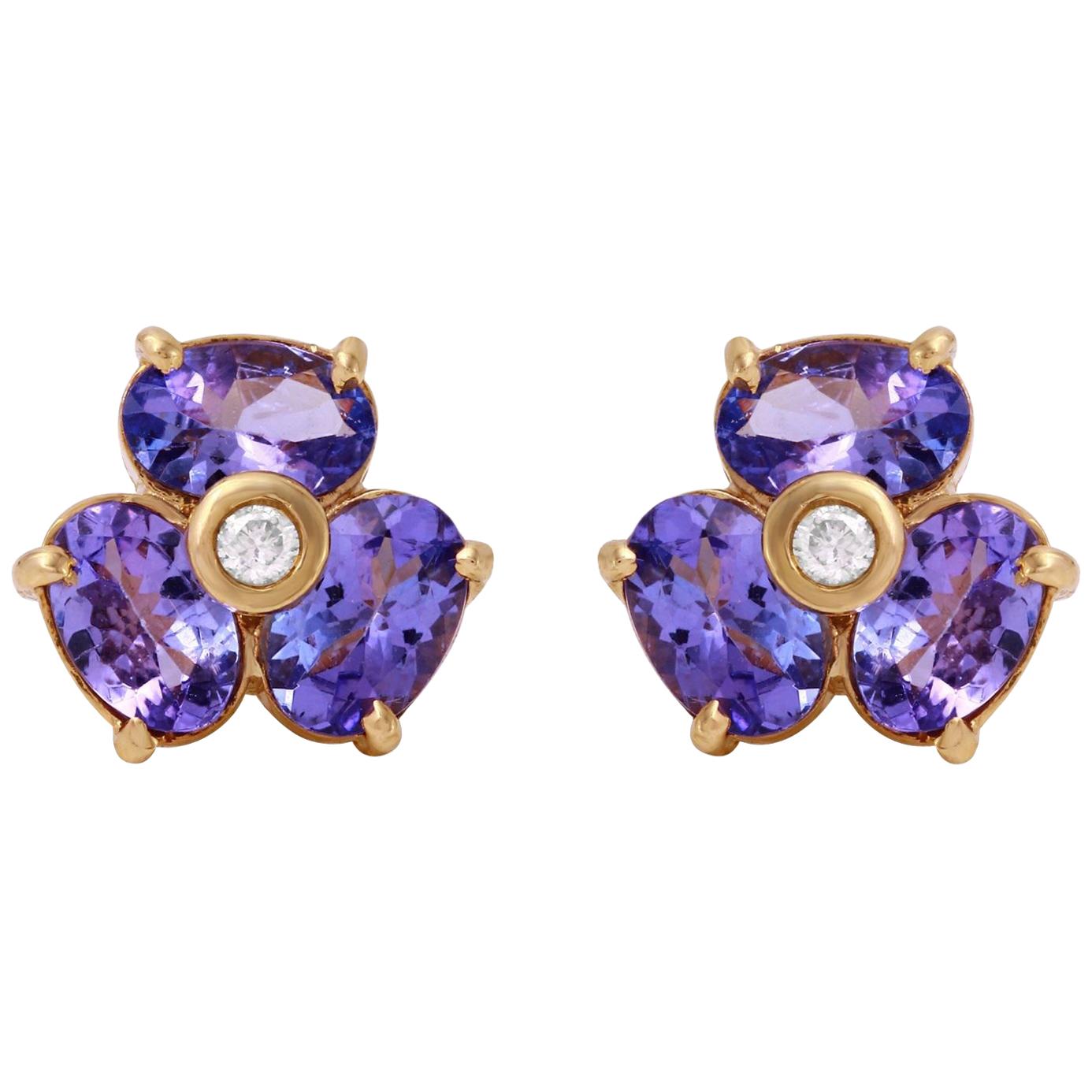 Exquisite 3.06 Carat Natural Tanzanite and Diamond 14K Solid Yellow Gold Stud