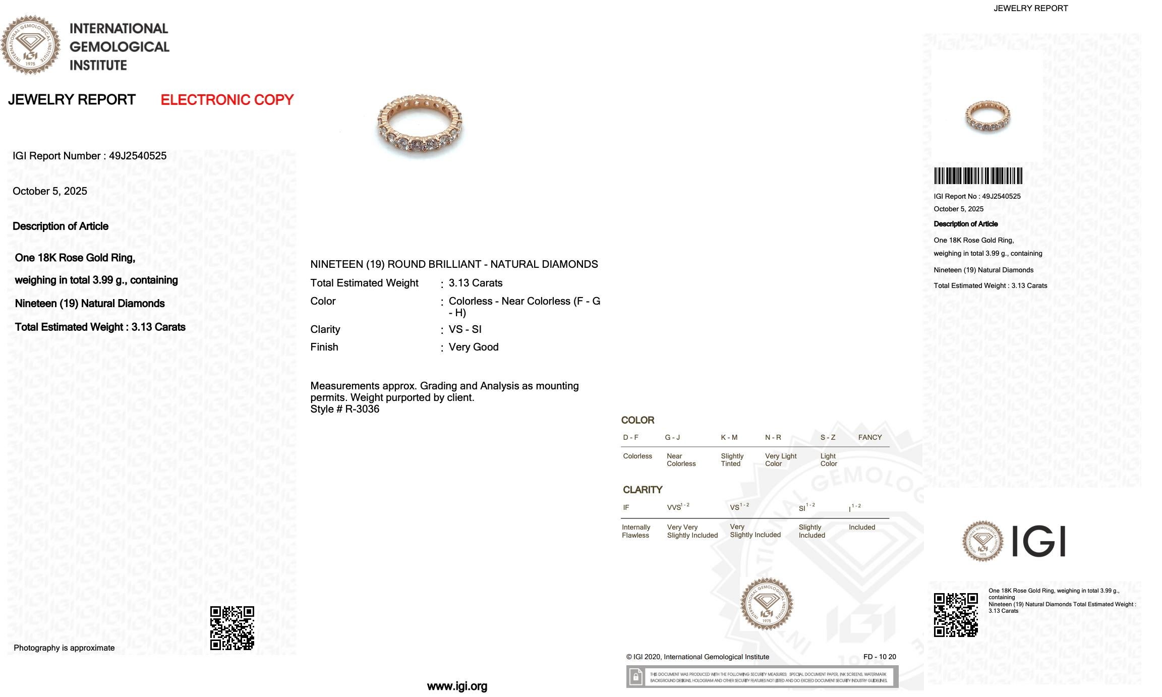 Donna Squisito anello a fascia di eternità con 3,13 carati di diamanti in oro rosa 18 carati - certificato IGI in vendita