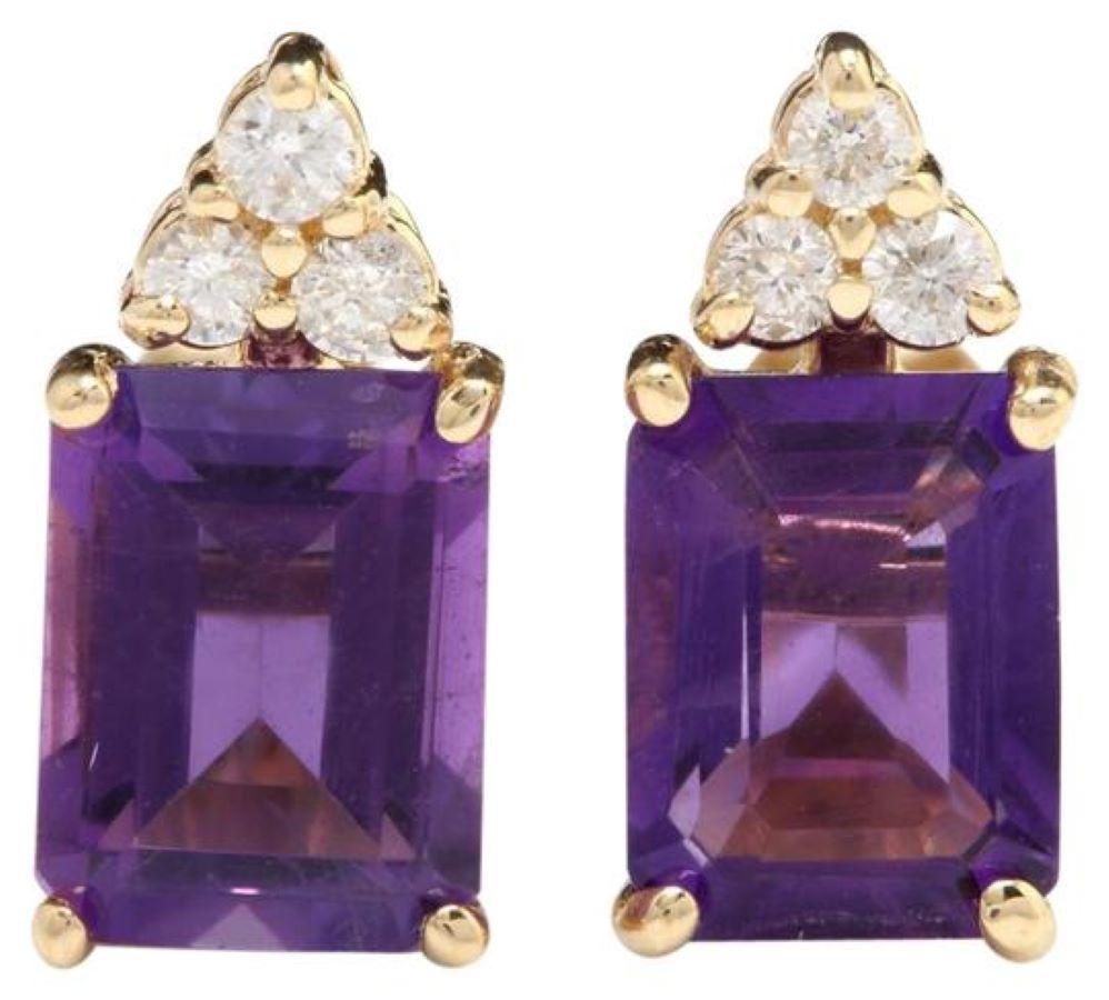 Exquisite 3.20 Carat Natural Amethyst and Diamond 14K Solid Yellow Gold Earring In New Condition For Sale In Los Angeles, CA