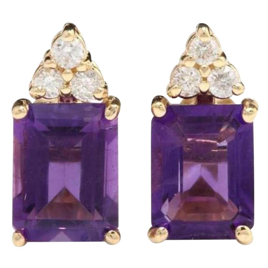 Exquisite 3.20 Carat Natural Amethyst and Diamond 14K Solid Yellow Gold Earring For Sale
