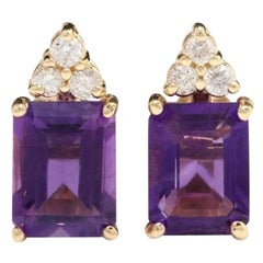 Exquisite 3.20 Carat Natural Amethyst and Diamond 14K Solid Yellow Gold Earring