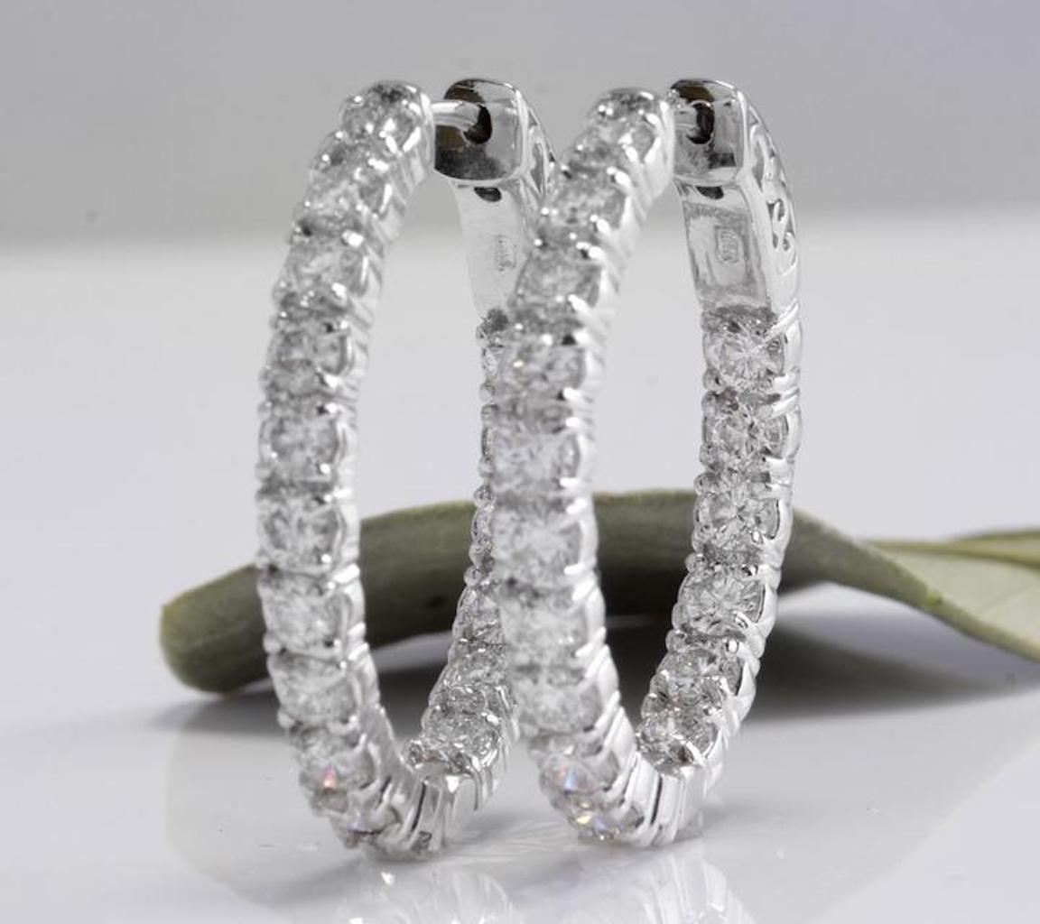 Round Cut Exquisite 3.25 Carat Natural Diamond 14 Karat Solid White Gold Hoop Earrings For Sale