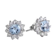 Exquisite 3.25 Ct Natural Aquamarine and Diamond 14k Solid White Gold Earrings