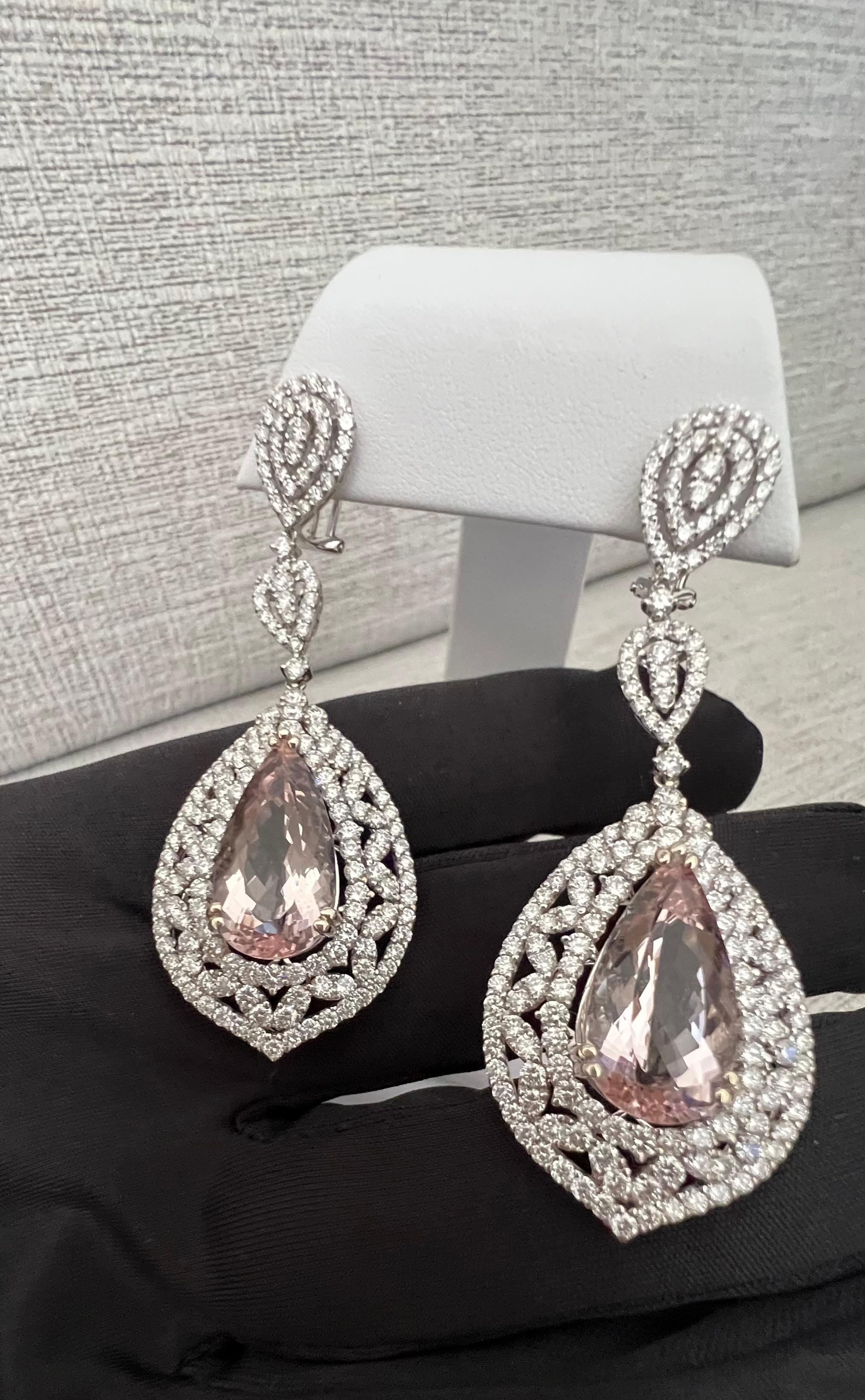 Pear Cut Exquisite 33.85 Carat Pink Morganite and Diamond Earrings in 18K White Gold For Sale