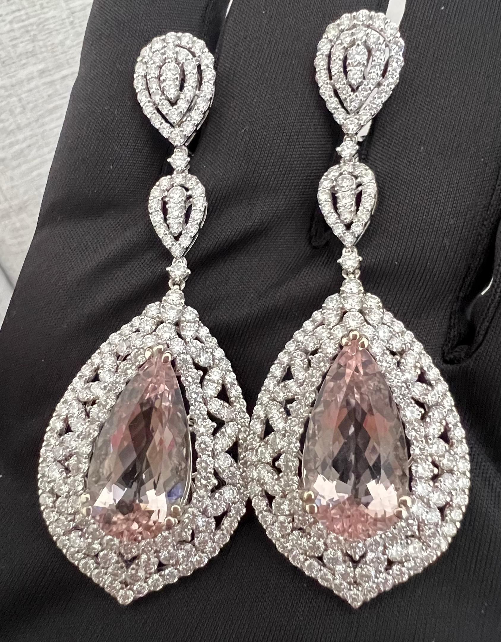 Exquisite 33.85 Carat Pink Morganite and Diamond Earrings in 18K White Gold In Excellent Condition For Sale In Tustin, CA