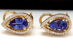 Exquisite 3.75 Carat Natural Tanzanite and Diamond 14k Solid Yellow Gold Stud
