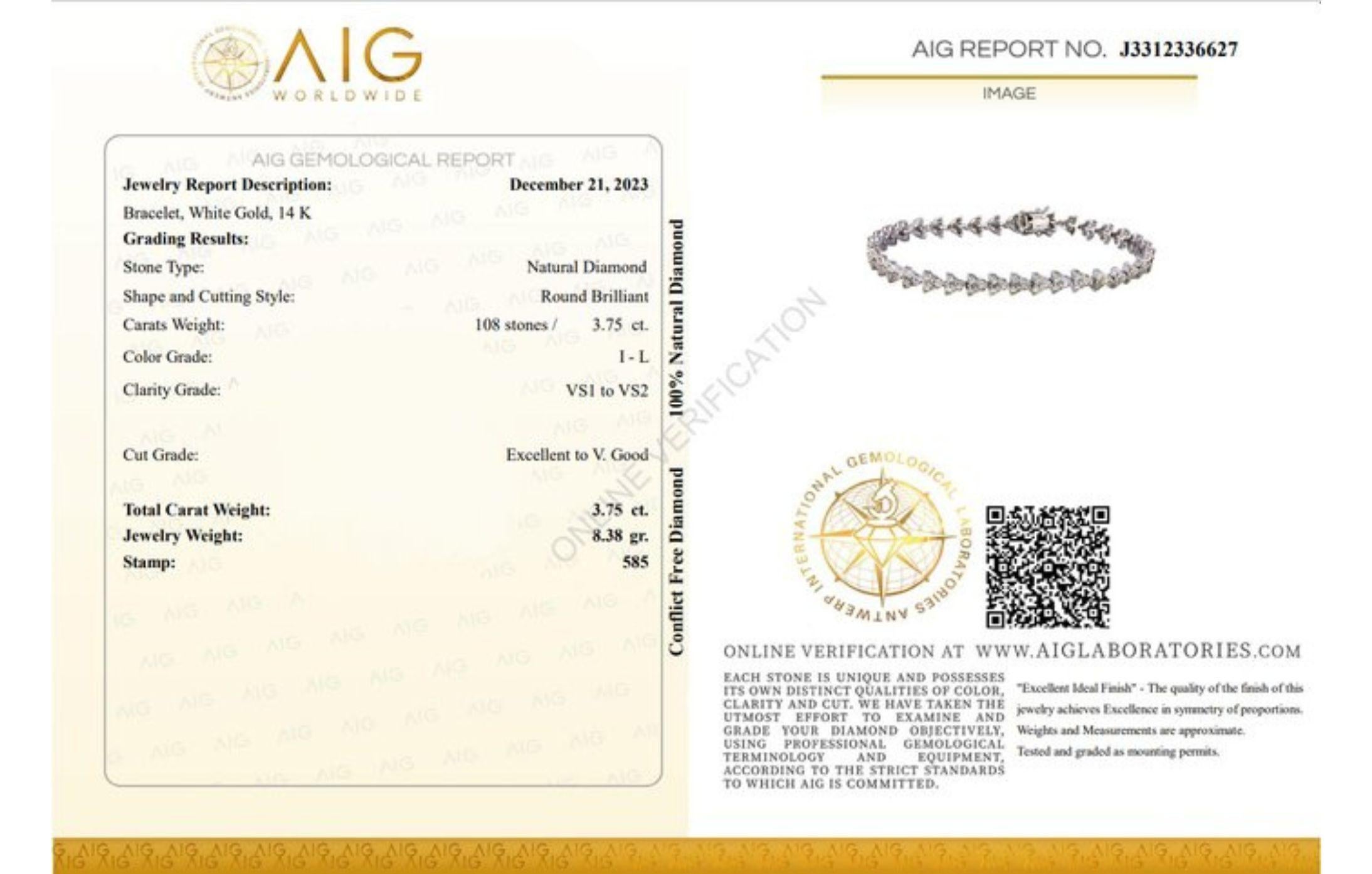 Exquisite 3.75ct Round Diamond Bracelet set in 14K White Gold For Sale 5