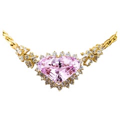 Exquisite 37ct Heart Kunzite and Diamond Necklace in 18k Gold