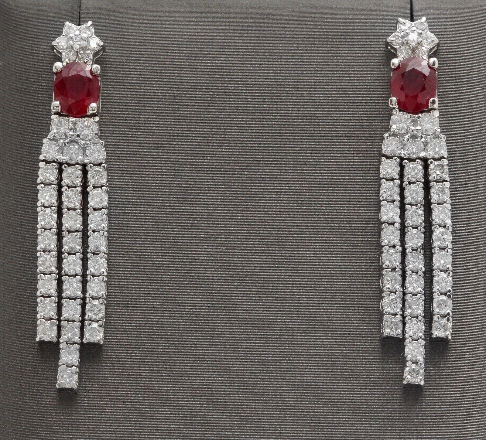 Mixed Cut Exquisite 3.80 Carats Natural Red Ruby and Diamond 14K Solid White Gold Earrings For Sale