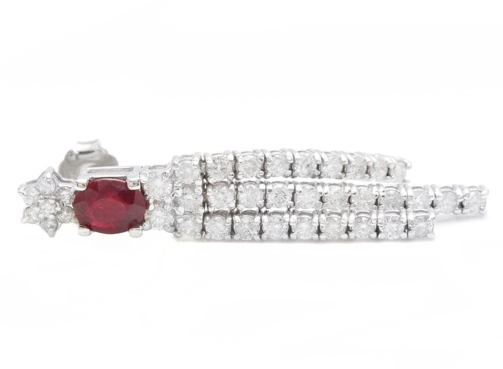 Exquisite 3.80 Carats Natural Red Ruby and Diamond 14K Solid White Gold Earrings For Sale 1