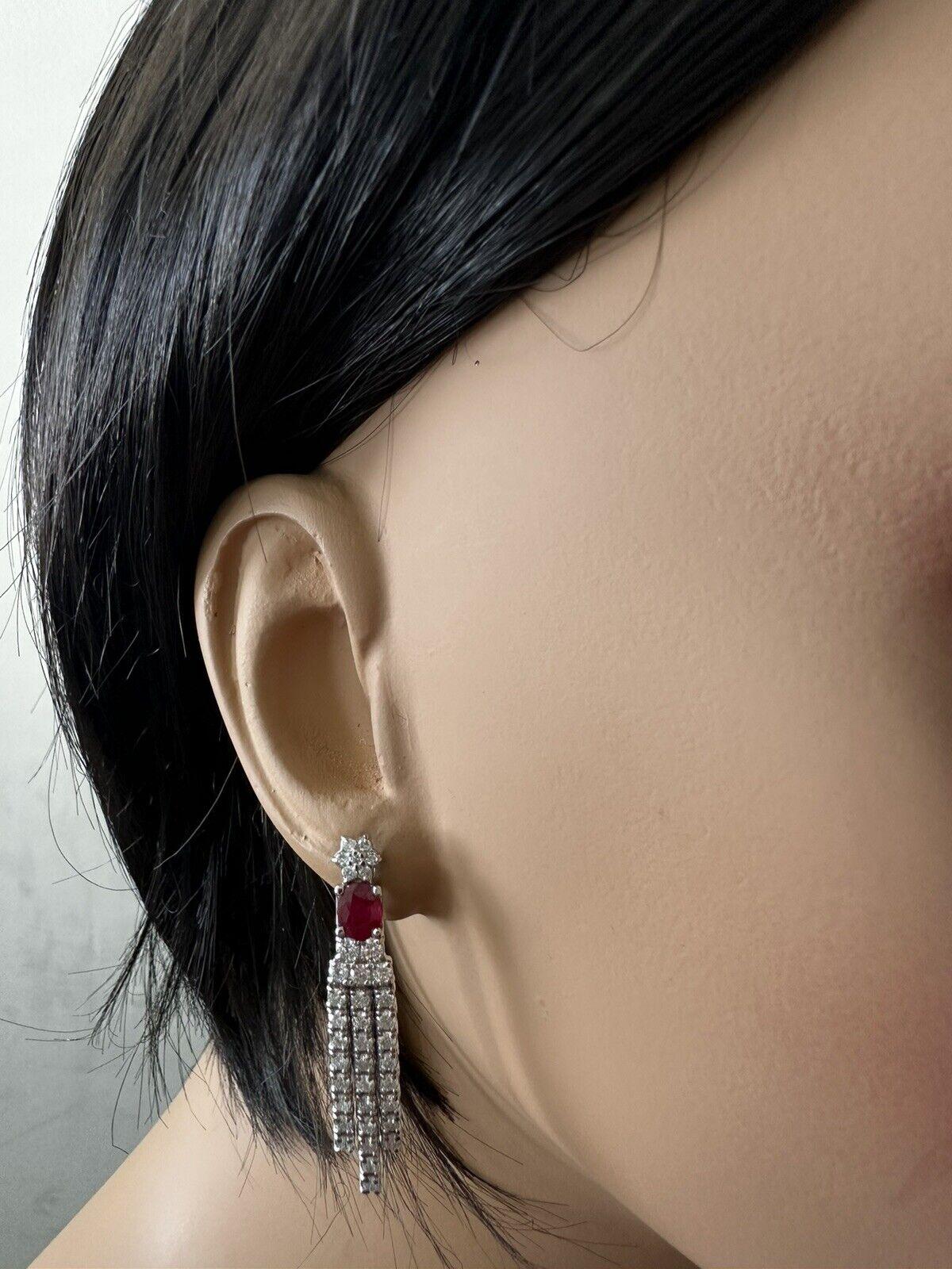 Exquisite 3.80 Carats Natural Red Ruby and Diamond 14K Solid White Gold Earrings For Sale 3