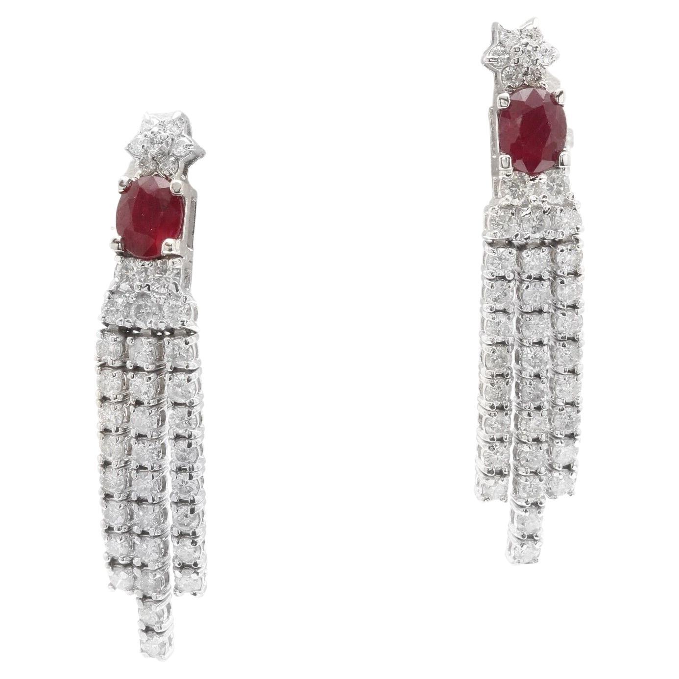 Exquisite 3.80 Carats Natural Red Ruby and Diamond 14K Solid White Gold Earrings