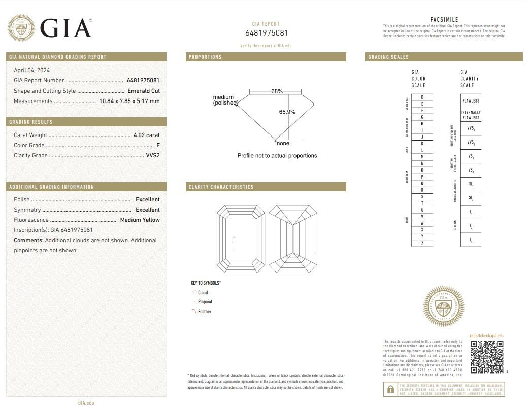 Exquisite 4.02ct Ideal Cut Emerald-Cut Diamond - GIA Certified

Presenting a truly stunning diamond, this emerald cut diamond weighs an impressive 4.02 carats, embodying perfection with its color grade and clarity. This diamond is certified by the