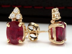 Boucles d'oreilles exquises en or jaune massif 14 carats avec rubis rouge de 4,20 carats et diamants
