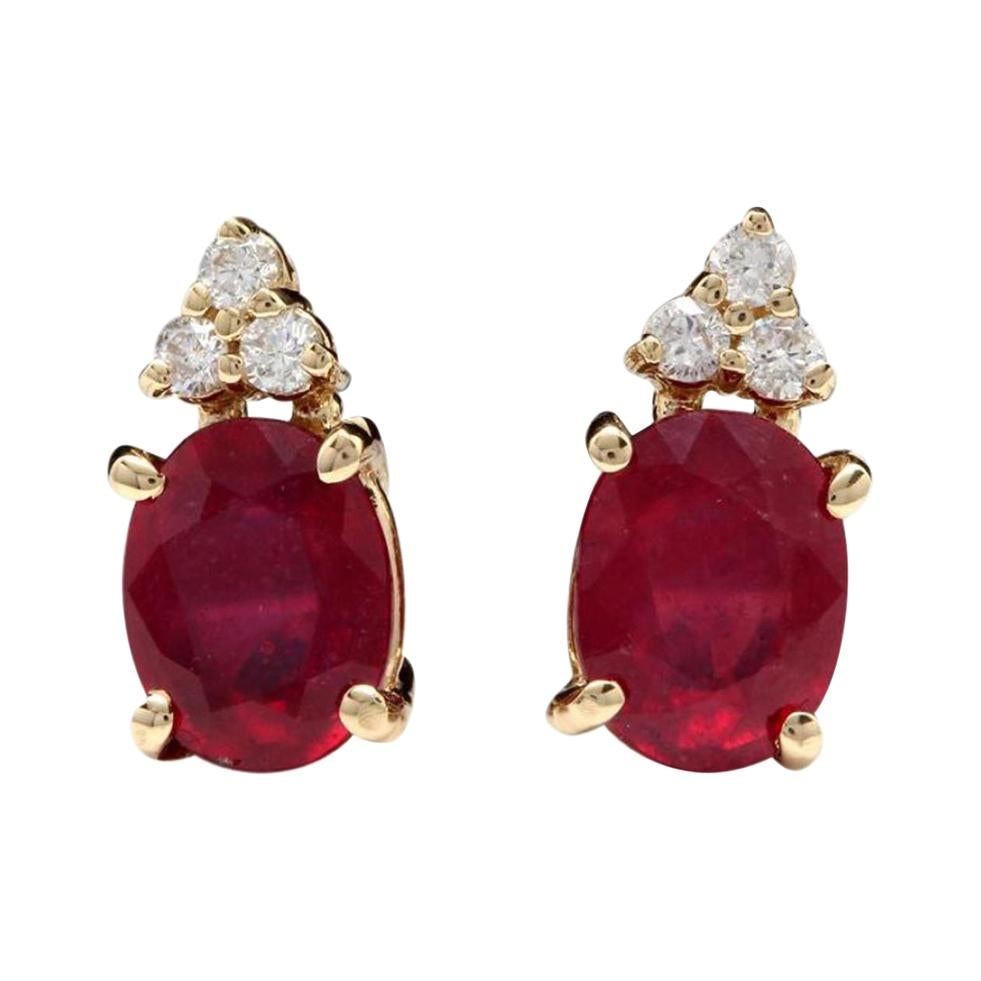 Exquisite 4.20 Carat Red Ruby and Diamond 14k Solid Yellow Gold Stud Earrings For Sale