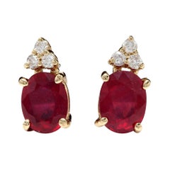 Exquisite 4.20 Carat Red Ruby and Diamond 14k Solid Yellow Gold Stud Earrings