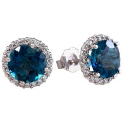 Magnifique topaze bleue naturelle de Londres de 4,55 carats et diamants en or blanc massif 14 carats