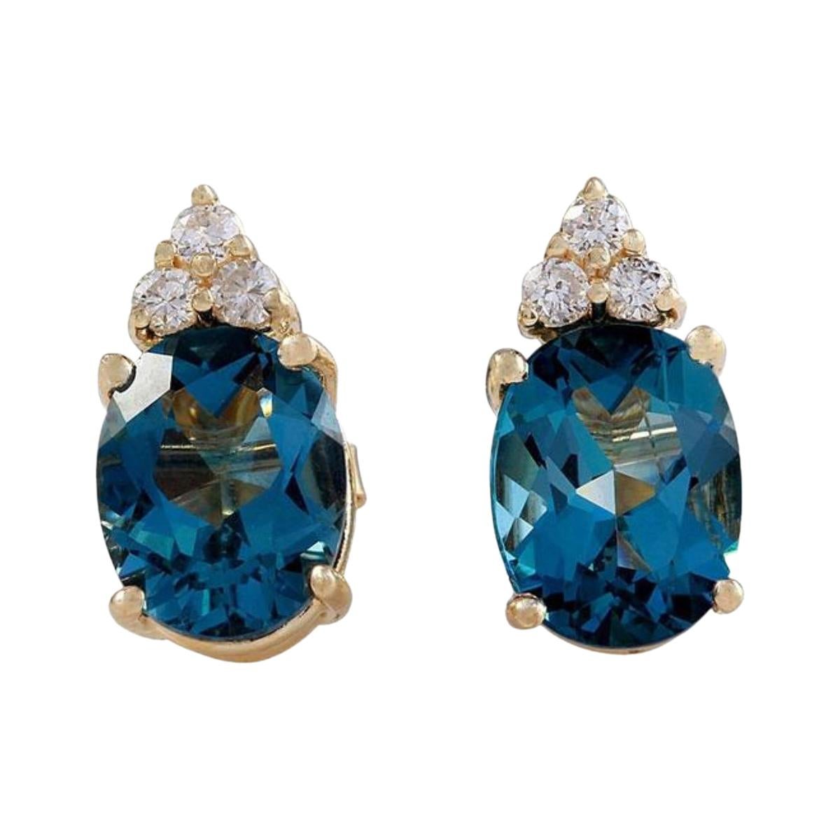 Exquisite 4.80 Carat Natural London Blue Topaz and Diamond 14 Karat Solid Yellow For Sale