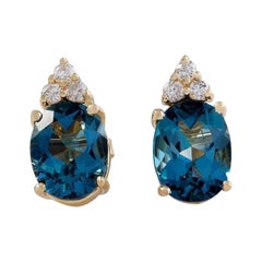 Magnifique topaze bleue naturelle de Londres de 4,80 carats et diamants 14 carats de couleur jaune massif