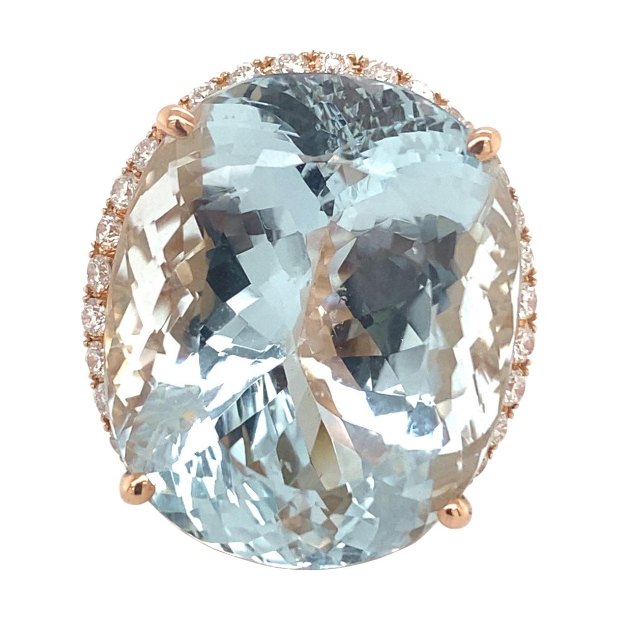 Exquisite 50C Aquamarine 1C White Diamonds 14k Rose Gold Designer Ring For Sale