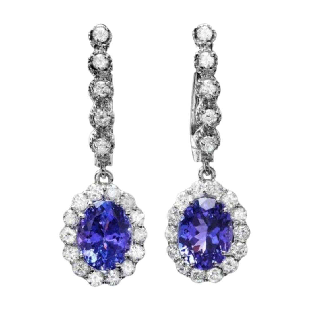 Exquisite 5.25 Carat Natural Tanzanite and Diamond 14K Solid White Gold Earring For Sale