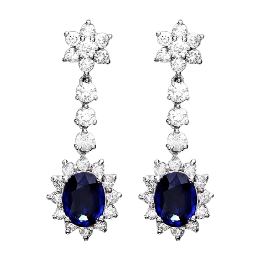 Exquisite 5.50 Carat Natural Sapphire and Diamond 14k Solid White Gold Earrings